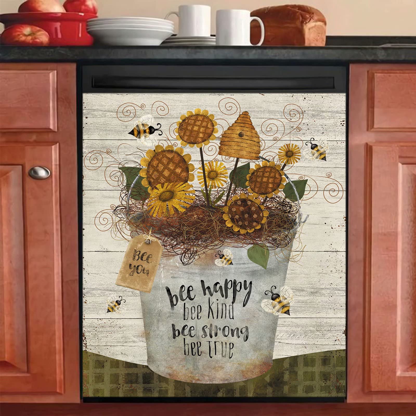 HomaFlorals Dishwasher Magnet Cover, Bees Fridge Sticker Magnetic Panel Vinyl Decal for Home Decor 23 W x 17 H