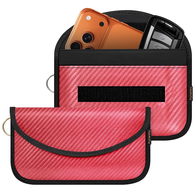 Bolsa Faraday Antifurto para Celular e Chave Automotiva, Bloqueio de Sinais, Vermelha, Pacote com 2
