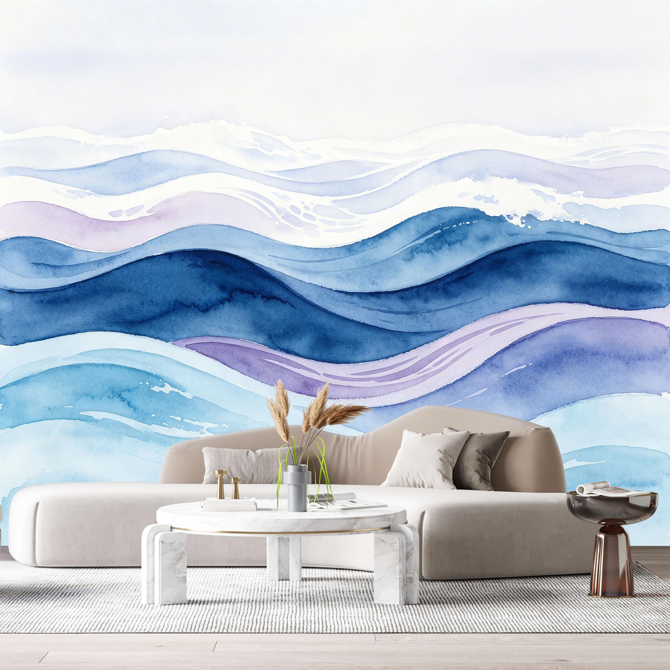Custom Size Wall Murals Abstract Ocean Marine Watercolor Waves Minimalist SelfAdhesiveWall Fabric Removable Wallpaper Wall Decor for Living Room Bedroom Bathroom