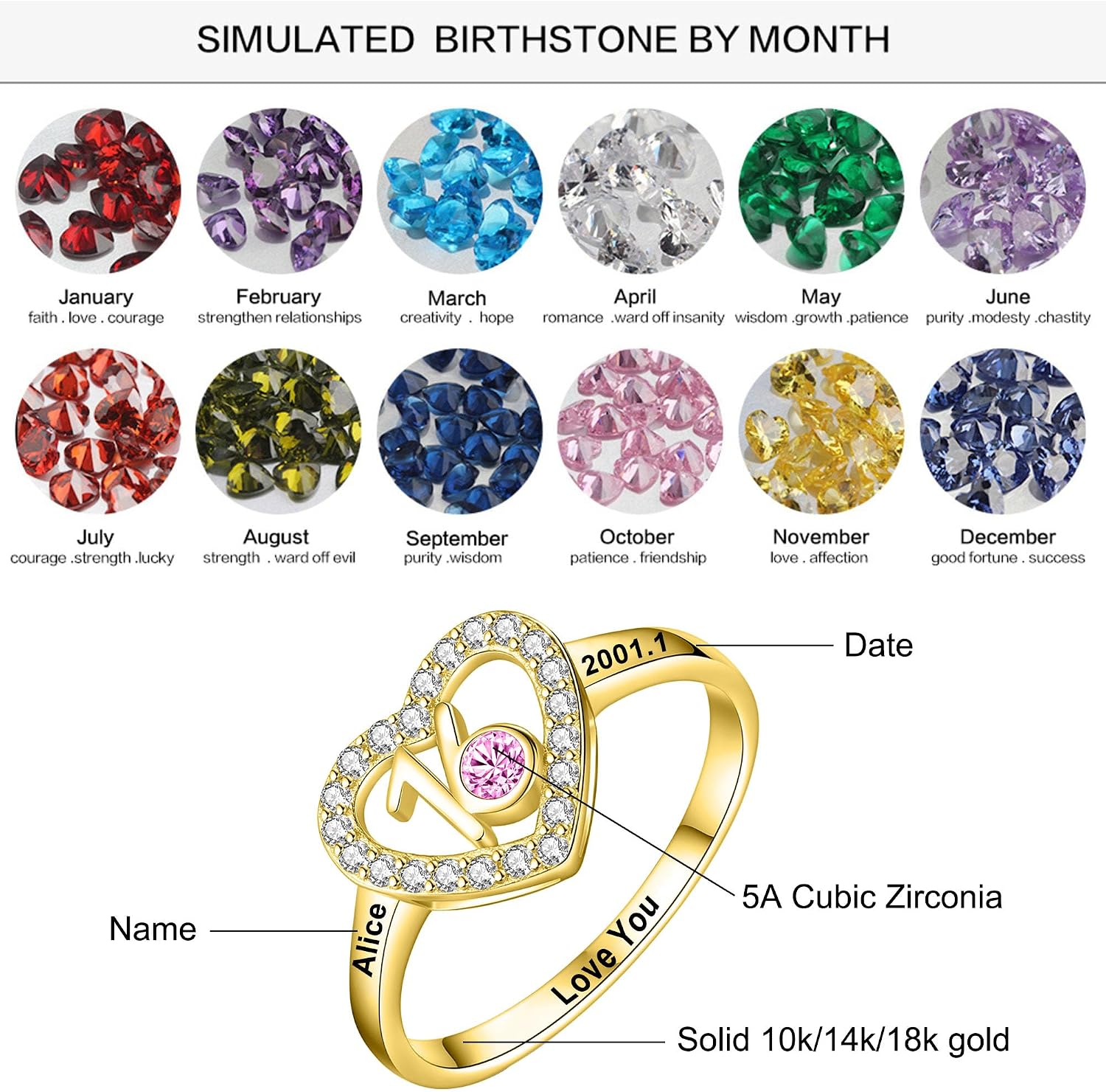 10k 14k 18k Gold Sweet 16 Rings Personalized Sixteen 15th Birthstone Ring Real Sold Gold Name Engraving Ring Birthday Jewelry for Daughter Sister