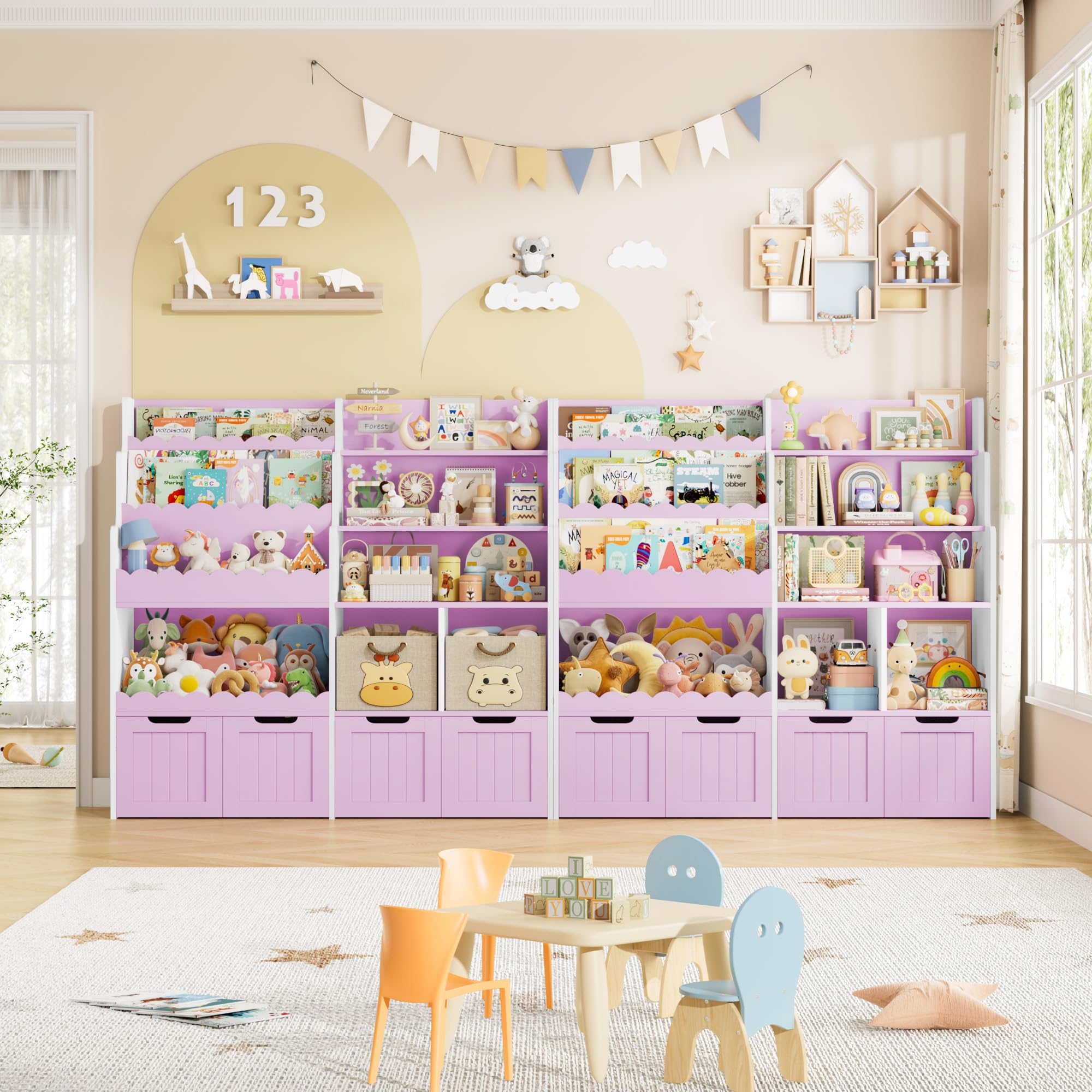 FOREHILL Libreria Montessoriana per Bambini, Porta Giochi Bambini a 4 Cassetti con Ruote Girevoli a 360°, Mobile Porta Giochi con Libreria a 3 Ripiani, 5 Scomparti Aperti, 125.5x40x120 cm (Lilla)