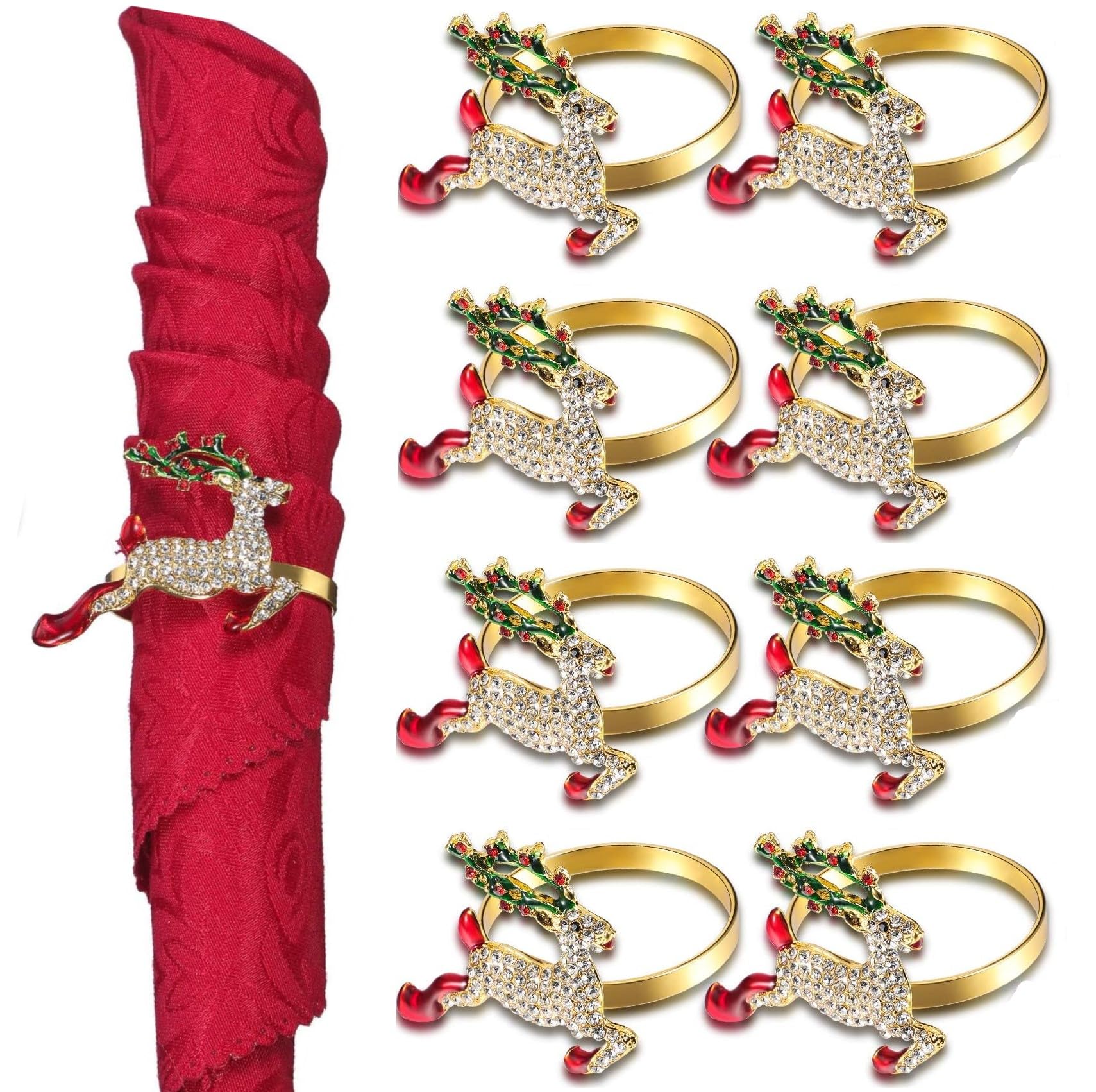 LATERN 8Pcs Christmas Napkin Rings, Gold Christmas Deer Napkins Holders Xmas Napkin Buckle with Rhinestone for Christma Lunch Thanksgiving Party Holiday Wedding Table Decoration (5cm x 4cm)