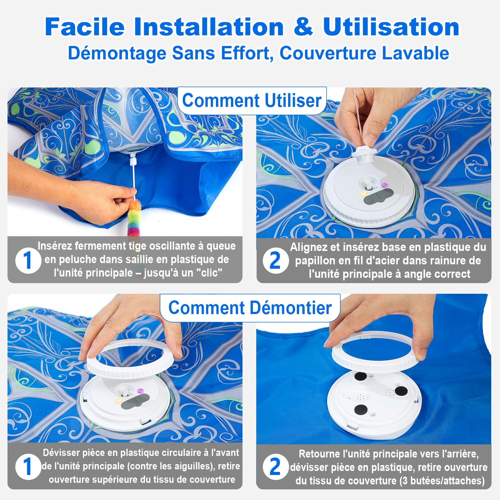 Jouet Interactif pour Chats d'Intérieur, [Nouvelle Version Améliorée] Jouet Rechargeable pour Chaton à Activation Tactile avec Jeu de Cache-Cache et Élément Virevoltant (Bleu)