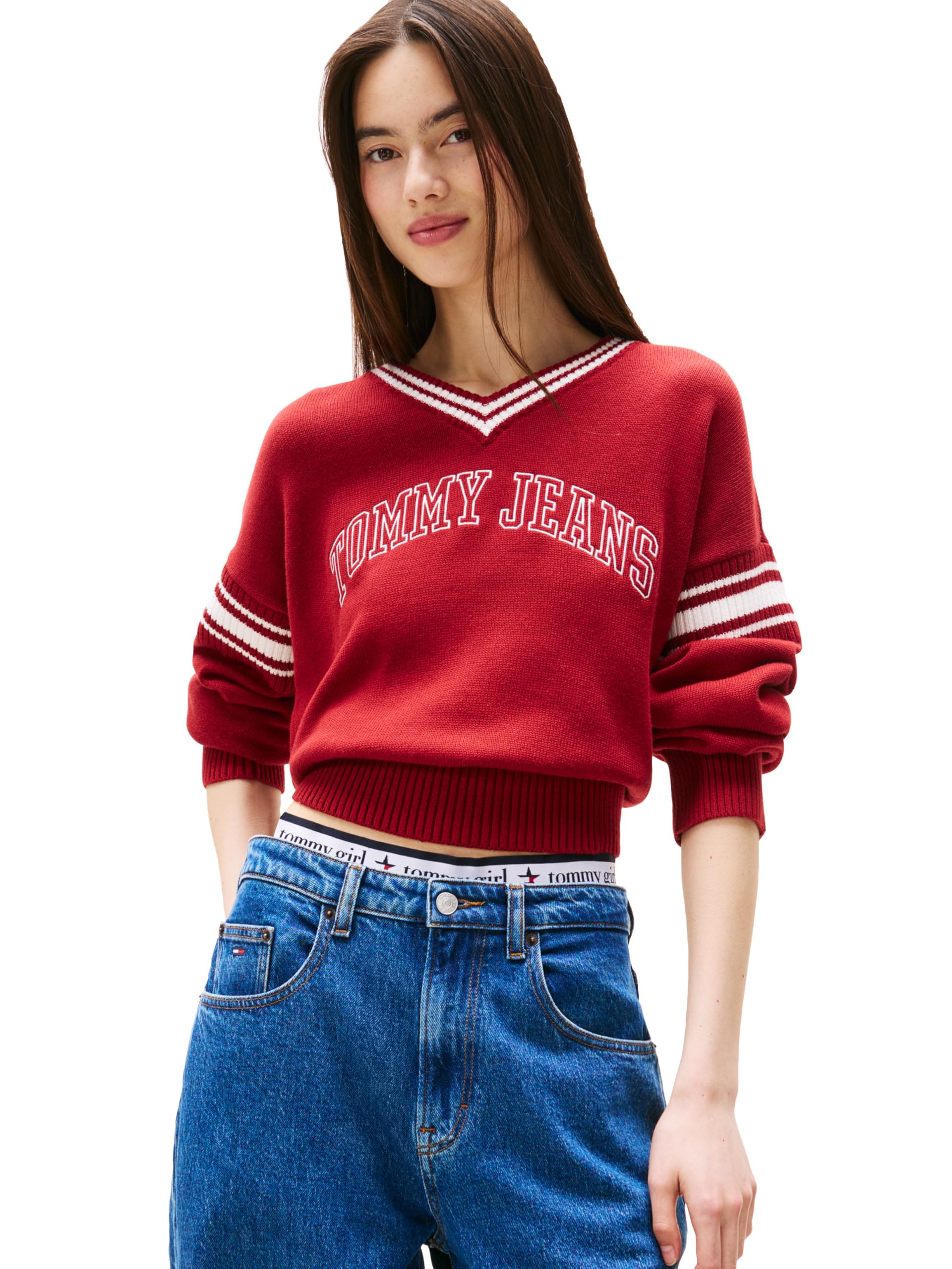 Tommy Jeans womens Medium Weight Pullover V-neck Sweater With Printed Logo