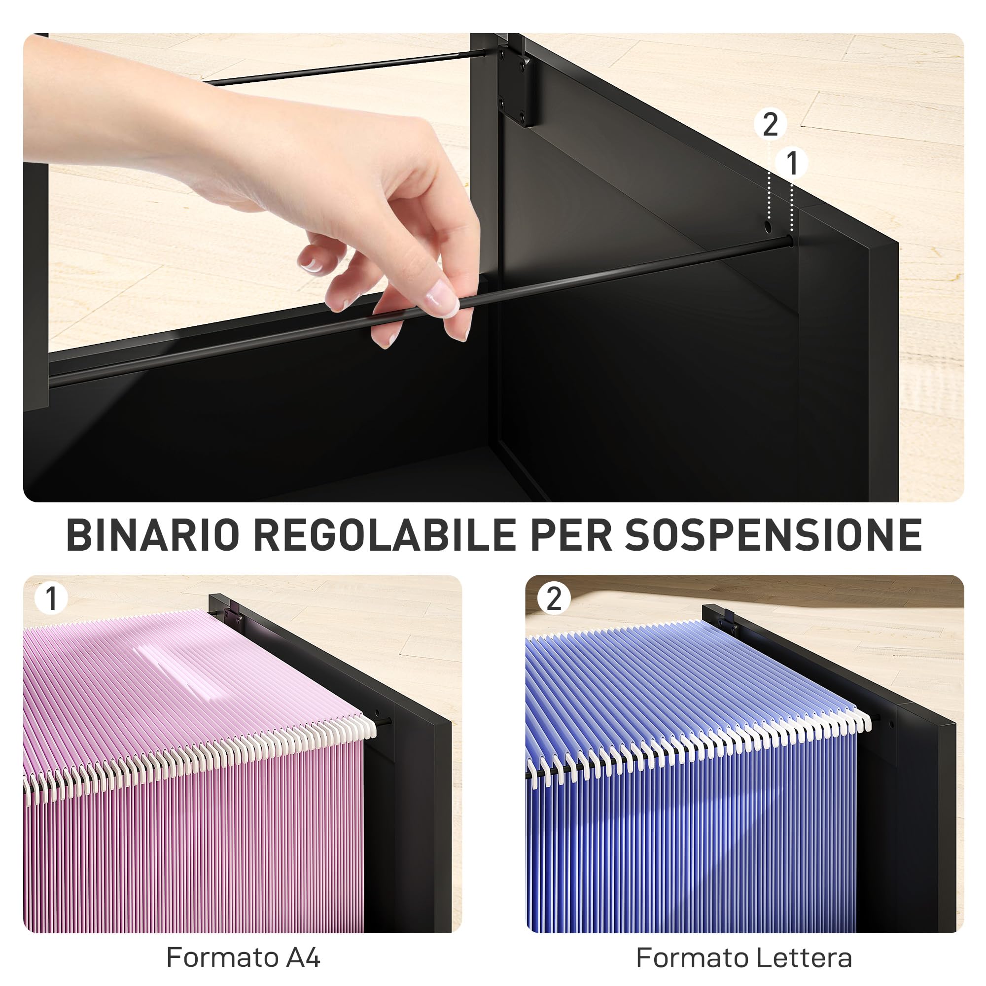 HOMCOM Cassettiera Portadocumenti a 4 Cassetti con Binario Regolabile, 2 Chiavi e 2 Serrature, Mobiletto da Ufficio in MDF Adatto a Cartelle di Formato A4 e Formato Lettera, 40x40x131 cm, Nero
