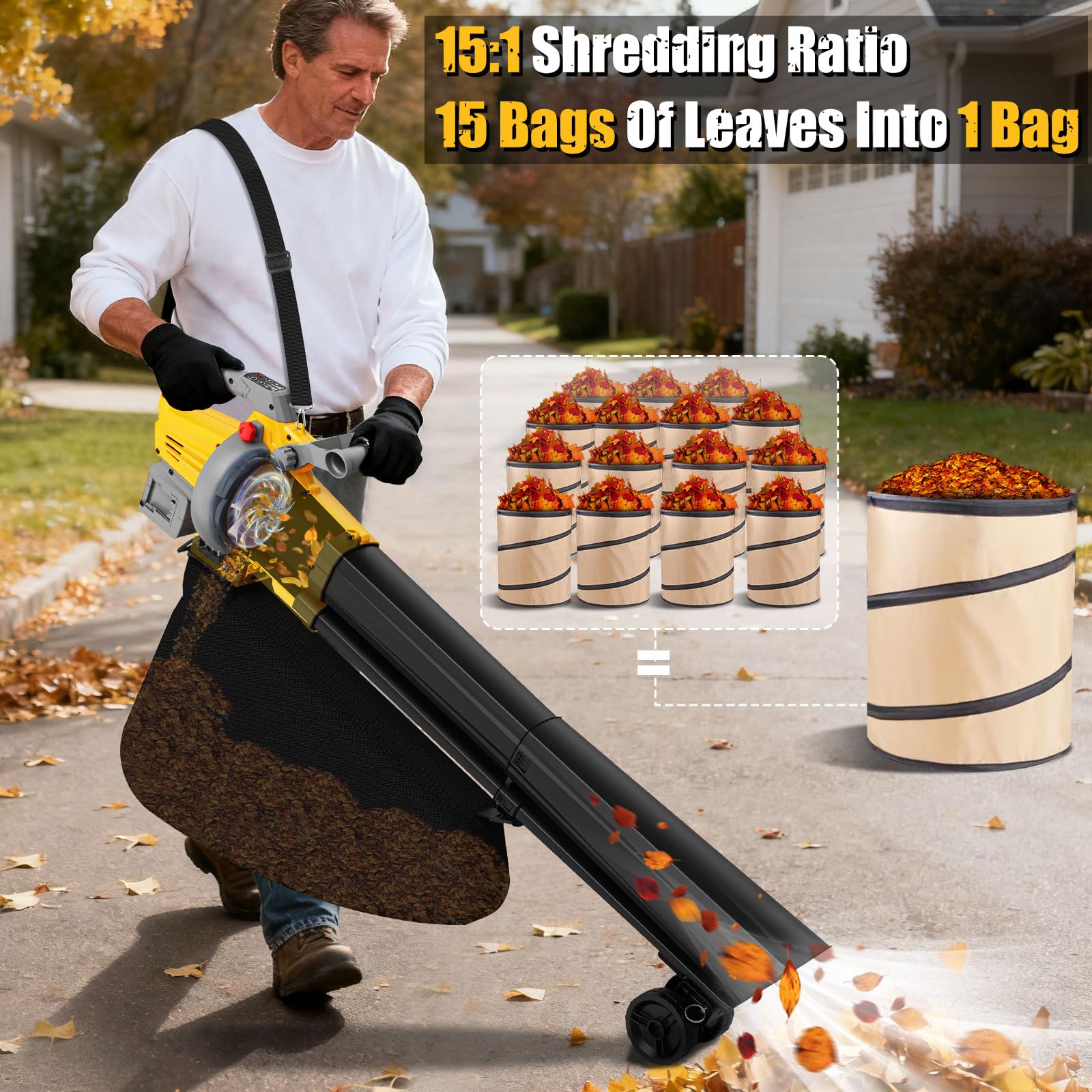 Soplador de hojas al vacío compatible con batería Dewalt de 20 V (sin batería), soplador de hojas eléctrico inalámbrico 3 en 1 con bolsa de recolección de 40 L, modo turbo para una limpieza