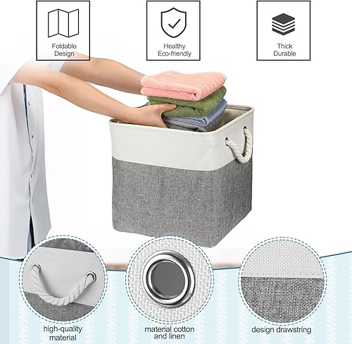 Vista 3 de meekoo Paquete de 8 contenedores plegables de almacenamiento de tela, cestas de tela de poliéster con asas, organizador de armario de lino para Gris