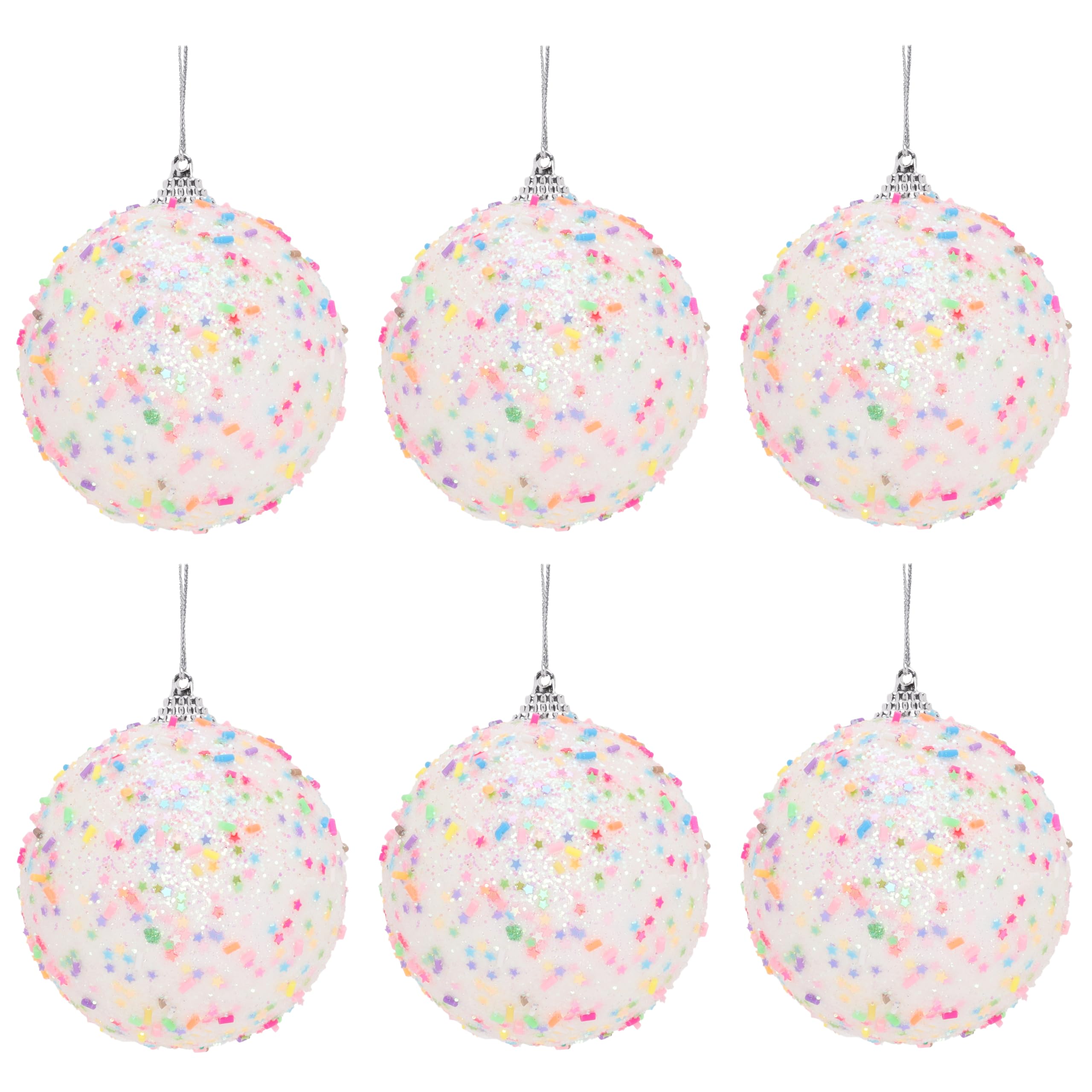 Christmas Concepts® Pack of 6-90mm (3.5") White Glittery Baubles With Multi Coloured Sprinkles - Candy Land Themed Christmas Tree Baubles