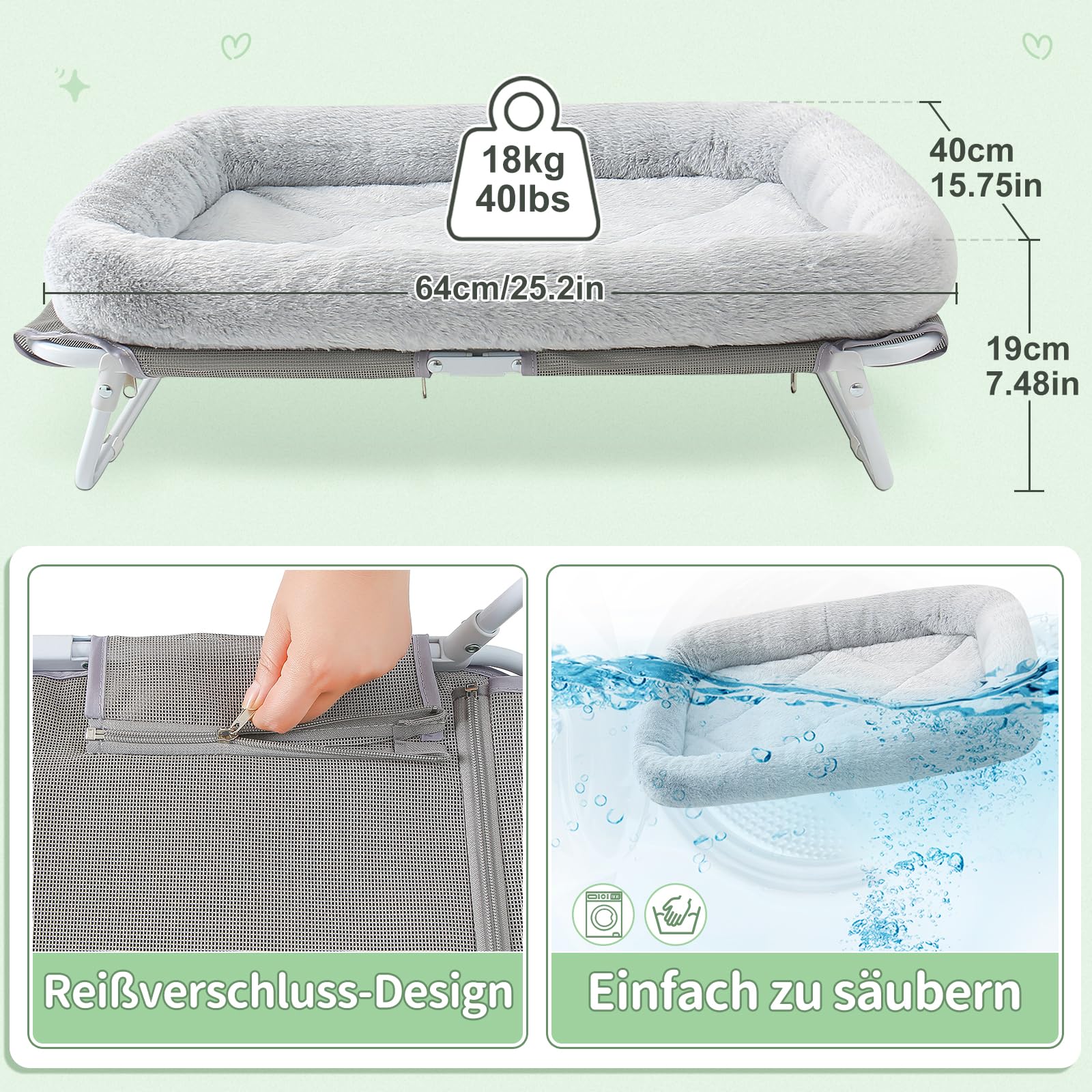 GUUSII HOME Erhöhtes Katzenbett Katzenhängematte Große Freistehende Katzen Bett Hundebett für Kleine Hunde Haustier Katzensofa mit Metallstützrahmen Katzenliege Couch 64X40X19cm（Grau）