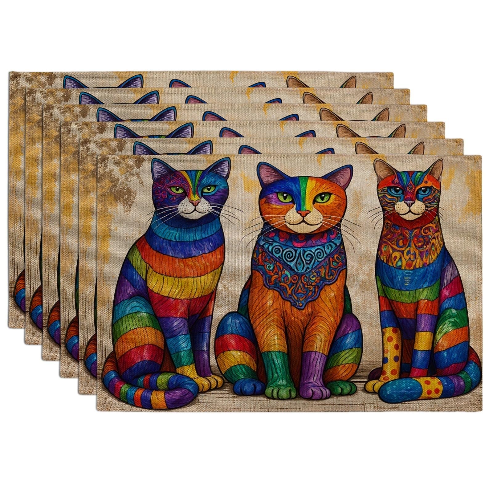 Colorful Cat Placemats, Vibrant Artistic Table Mats for Dining Room, Fun Indoor Outdoor Kitchen Party Decorative Placemat Set of 6