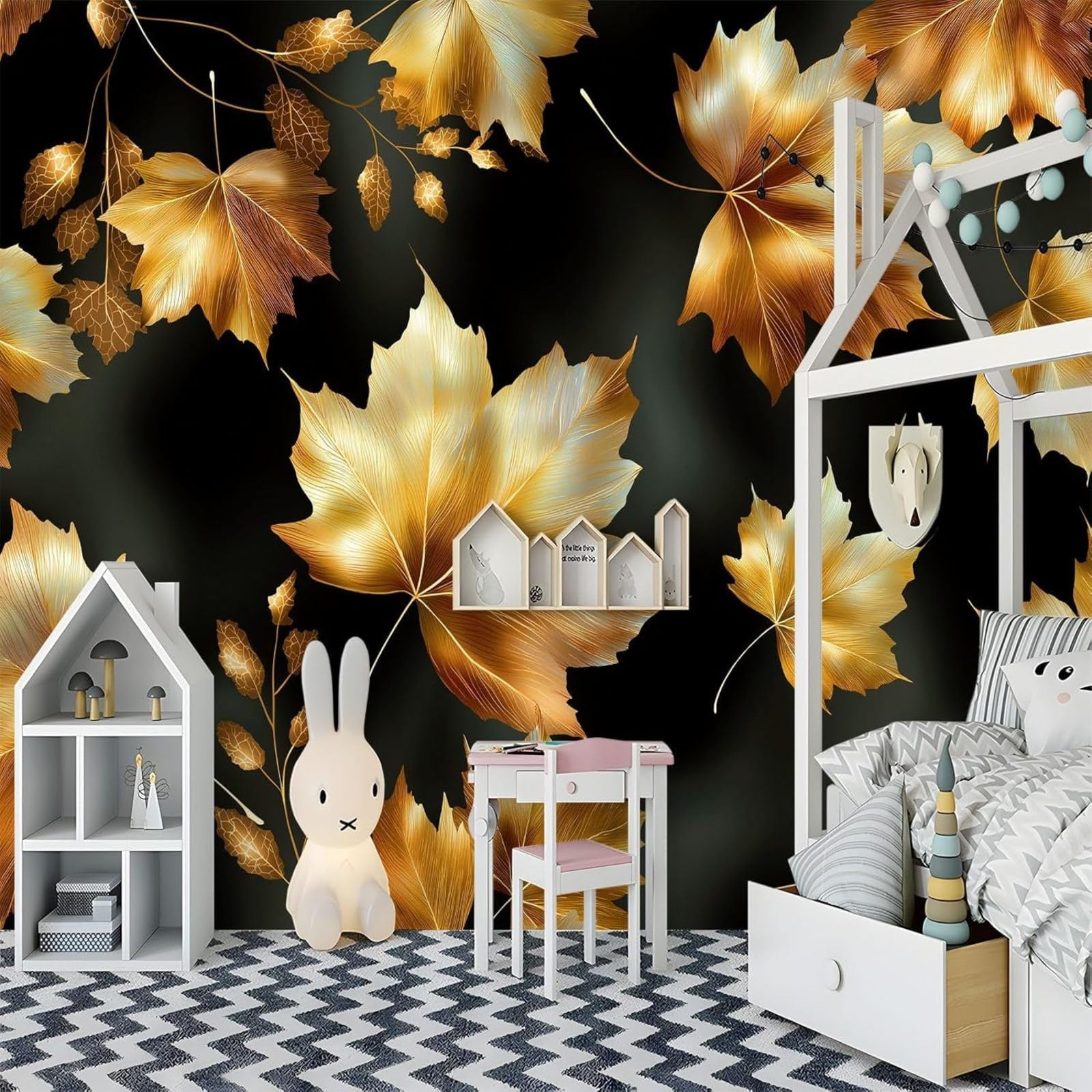 pdghsdkgjh Retro Leaves 3D Effect Photo Wallpaper, Gold Leaf Maple Leaves, Non-Woven Wallpaper for Living Room, Bedroom, TV Background, 300cm x 210cm Stickers - Frameless Painting - Poster