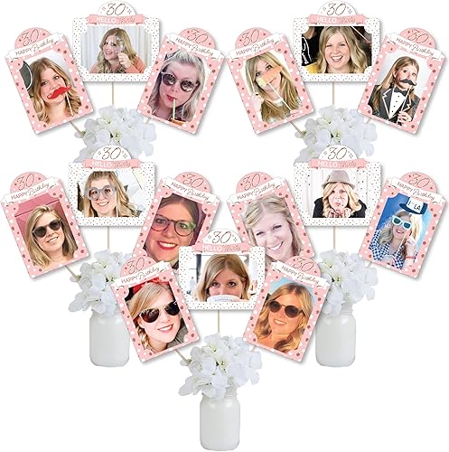 Big Dot of Happiness 30 cumpleaños rosa dorado  Palitos de centro de mesa de fiesta de feliz cumpleaños  Decoración de mesa para fotos  15 piezas