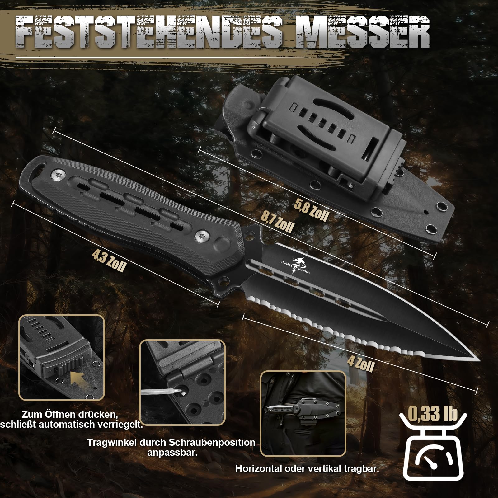 Purple Dragon Survival Messer mit Scheide - Jagdmesser Schwarz mit Feststehende Klinge - Outdoor Messer für Camping Jagd Wandern Abenteuer - Geschenk für Männer