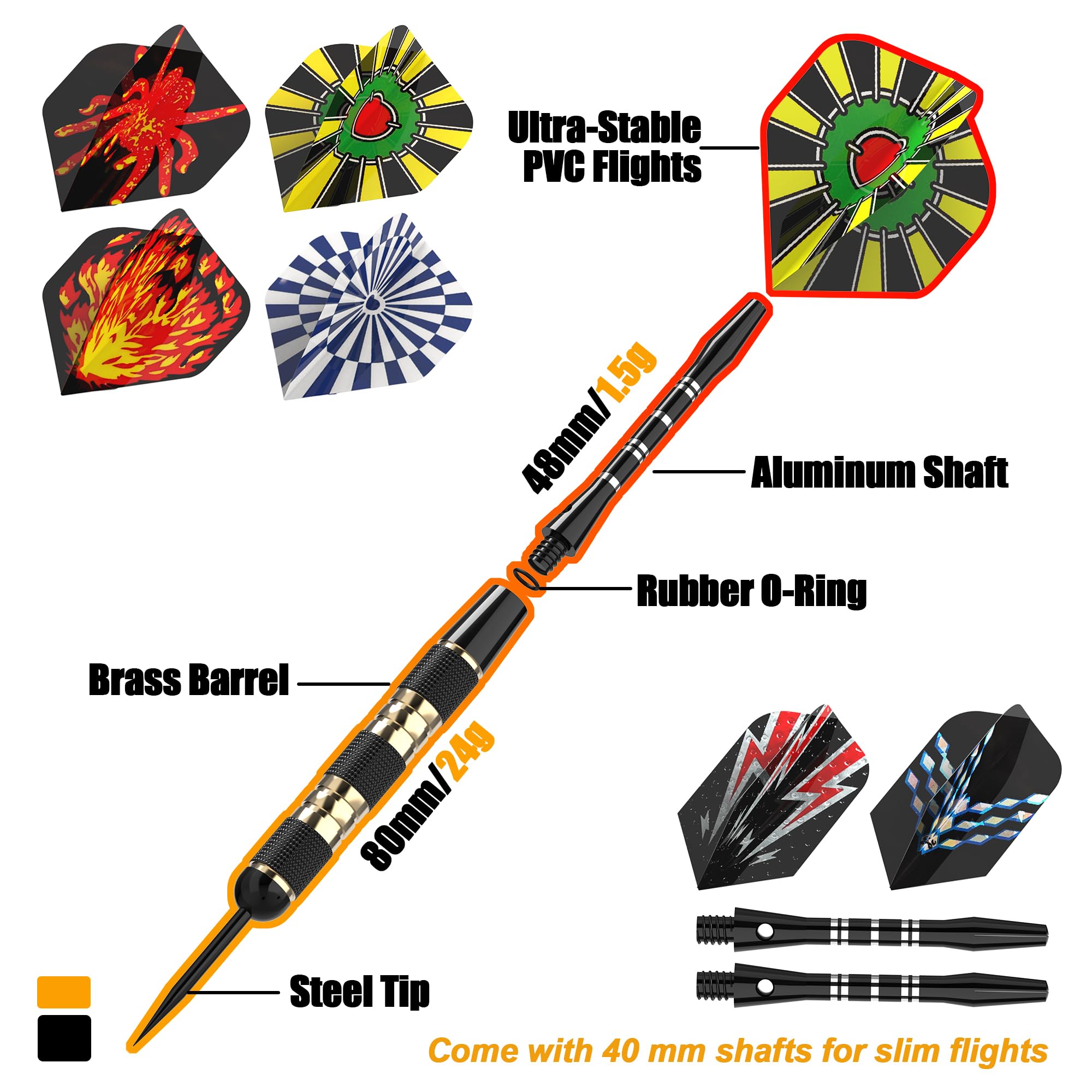 Fléchettes Professionnelles 24g En Acier Avec Tiges Aluminium | Set 6 Fléchettes + Accessoires - Jeu De Précision Bar, Maison