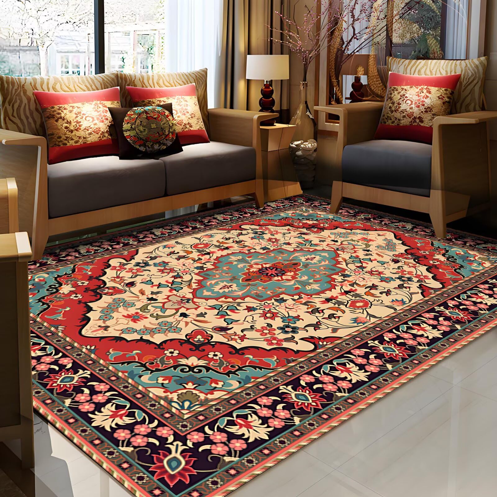 Tapis lavable en machine grand format 200x300cm style rétro rouge pour salon