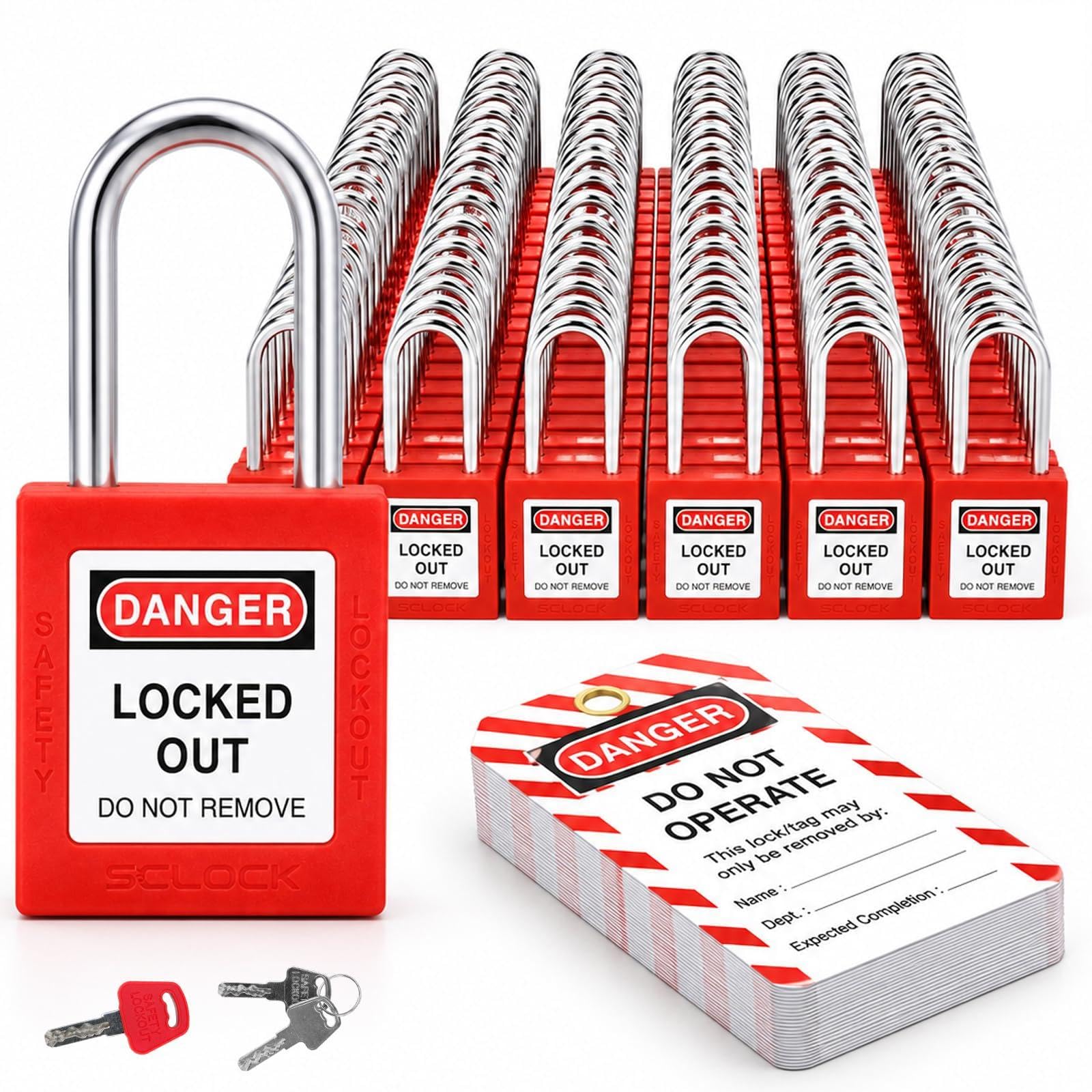 Paquete de 50 cerraduras de bloqueo diferentes con etiquetas y llaves, candados Loto | Candados de seguridad rojos con etiquetas de bloqueo y llaves para estaciones de bloqueo, equipos eléctricos e industriales