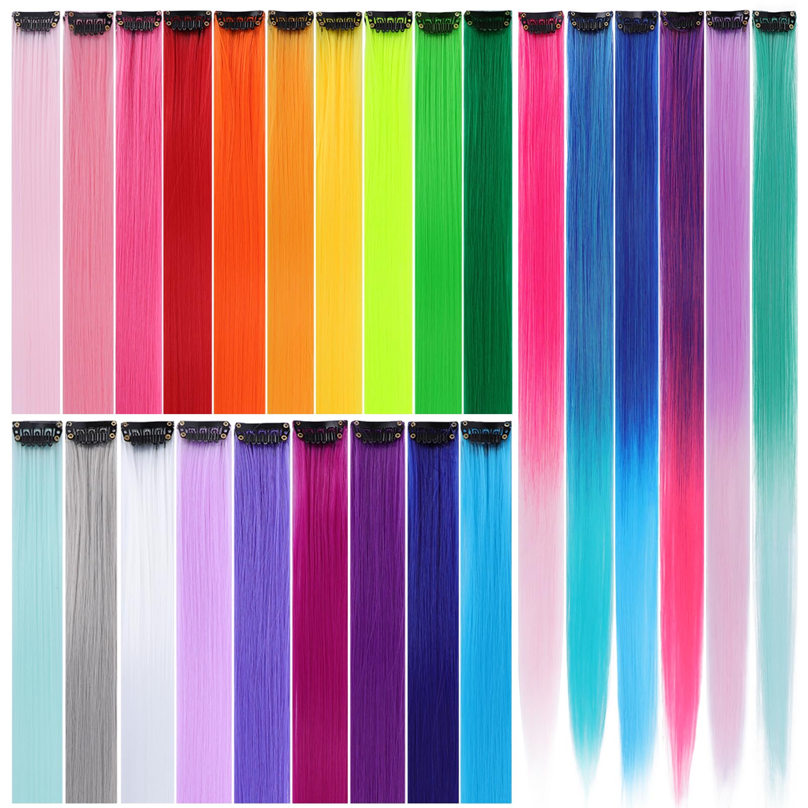 25 Pcs Colored Hair Extensions, Multi-colors Party Highlights Clip in Synthetic Hair Extensions 22 inch Rainbow Hairpieces for Girls Women Kids (25