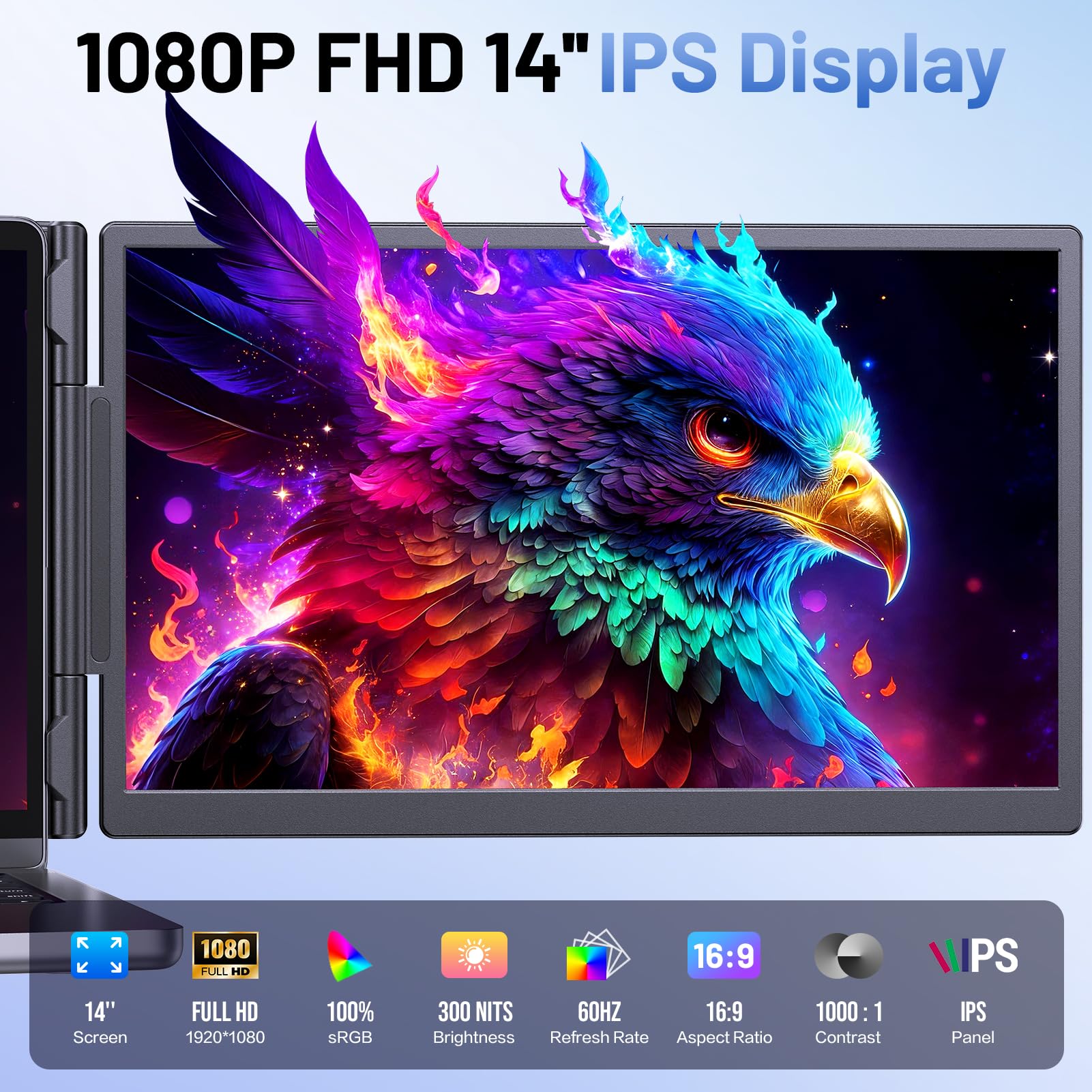 Anyking Laptop Screen Extender, 14” FHD 1080P Portable Monitor for Laptop with 100% sRGB, Dual Screen Extender for Laptop 13–17.3”, Plug & Play External Monitor, Business Travel & Home Office - 3