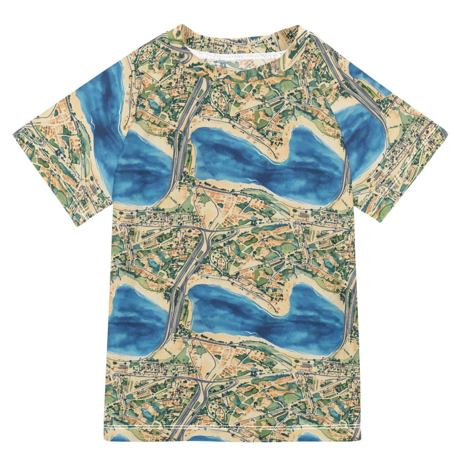 Girls Bathing Suit Short Sleeve Rash Guard Swimsuit 11T Vintage Game Map