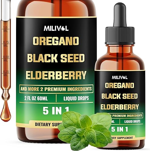 Gotas líquidas de aceite de orégano 5 en 1 con semillas negras, saúco, ajo, hoja de olivo, suplemento de apoyo inmunológico, 2 onzas líquidas