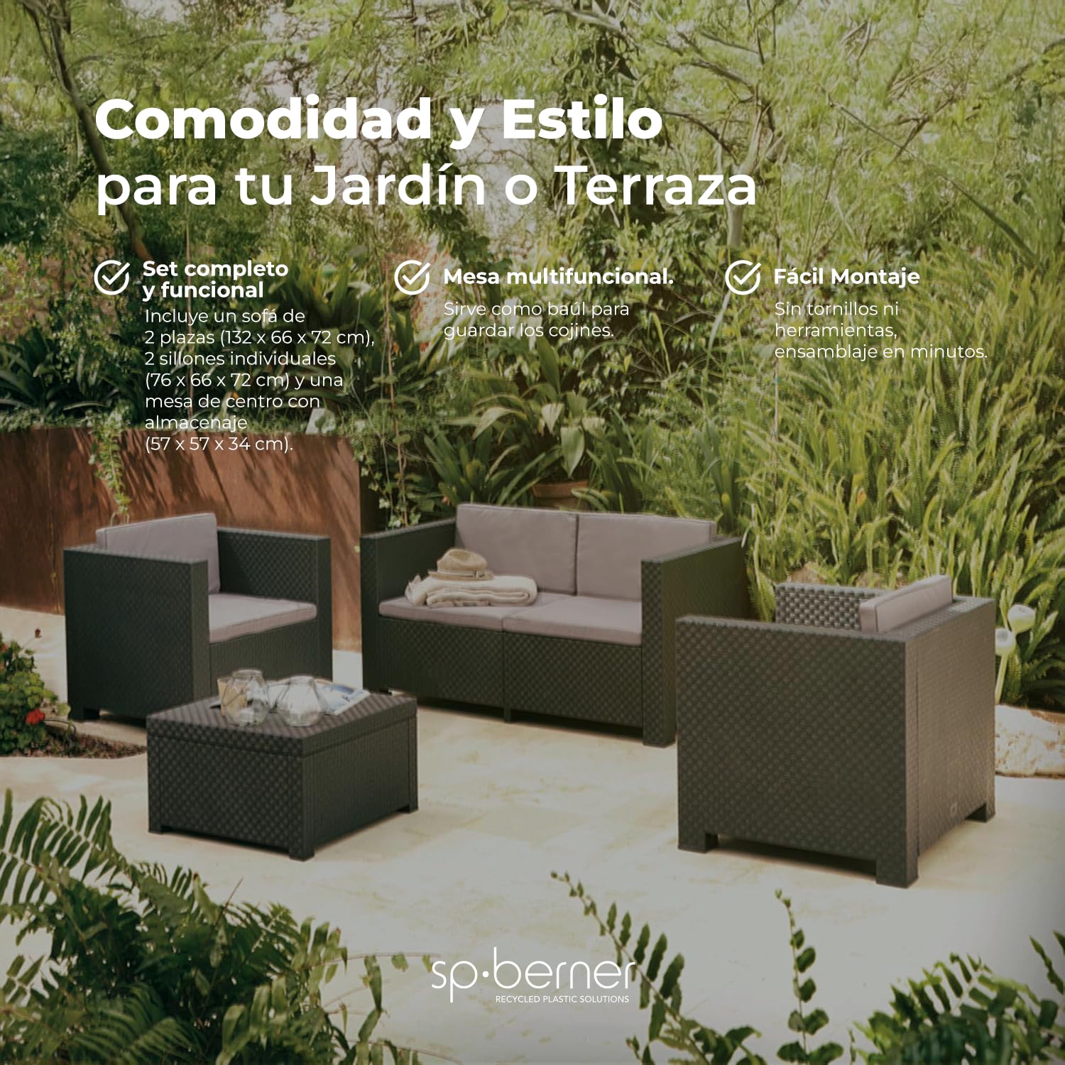 SP Berner - Set de Muebles de Jardín y Terraza Diva Wengue- Sofá 2 Plazas, 2 Sillones y Mesa de Centro con Almacenaje - Fabricado en España con Plástico Reciclado