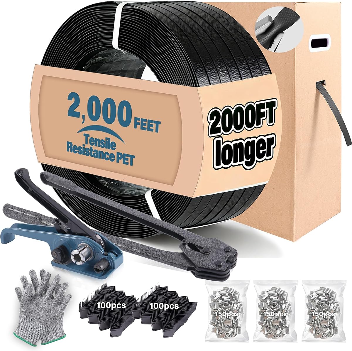 FoundGo PET Banding Strapping Kit for Heavy Duty Tough Pallet Packaging Strapping Tool with >1500lbs 5/8" x 2000' PET Strapping Roll & its own Pull-Out Box 200 Corner Protectors 450 Seals-Gray