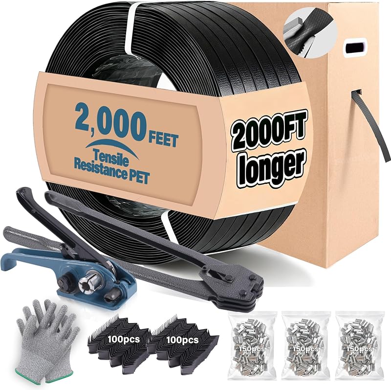 FoundGo PET Banding Strapping Kit for Heavy Duty Tough Pallet Packaging Strapping Tool with >1500lbs 5/8" x 2000' PET Strapping Roll & its own Pull-Out Box 200 Corner Protectors 450 Seals-Gray