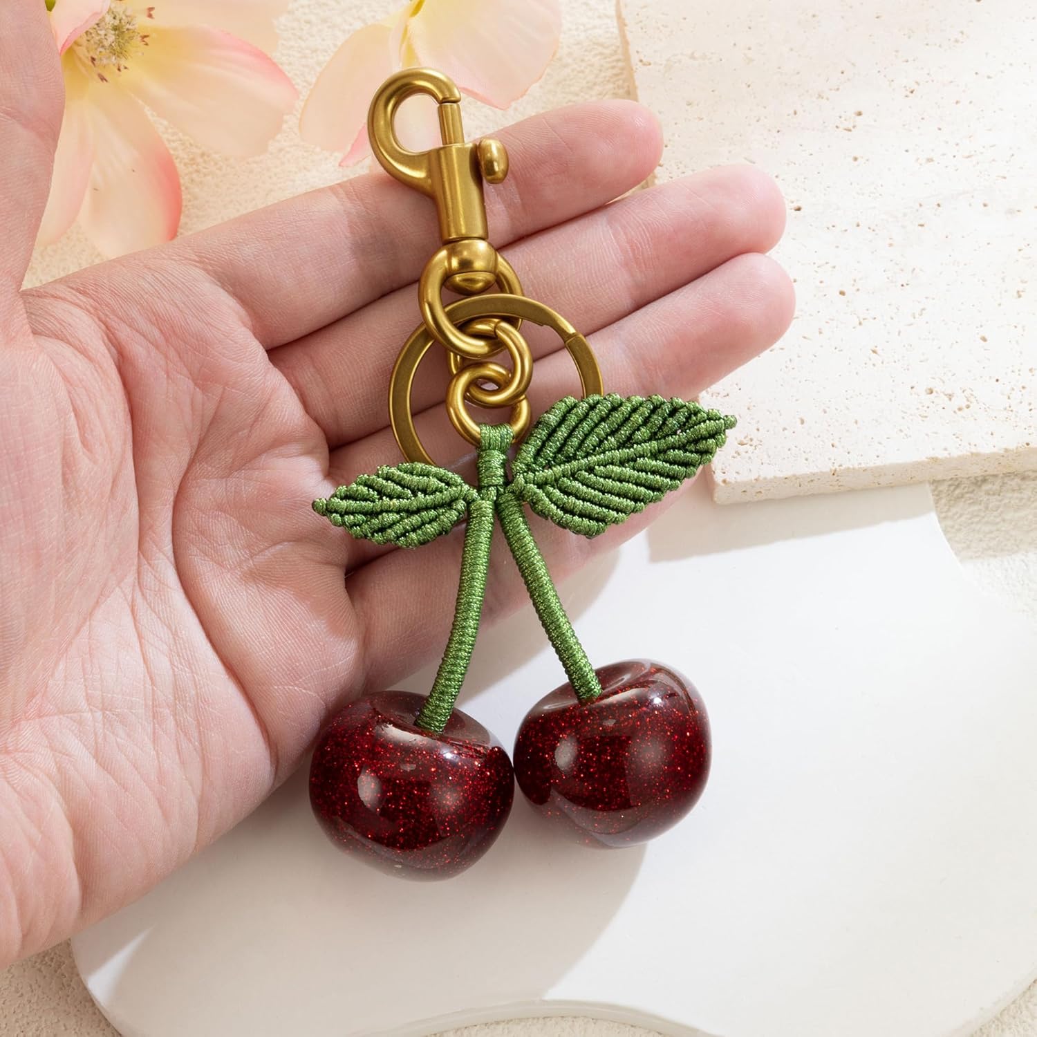 XGALBLA Cute Cherry Keychain for Women Bag Charm Purse Handmade Woven Rope Cherry Keychain - Car keyrings handbags - Fashion enthusiasts - Image 4