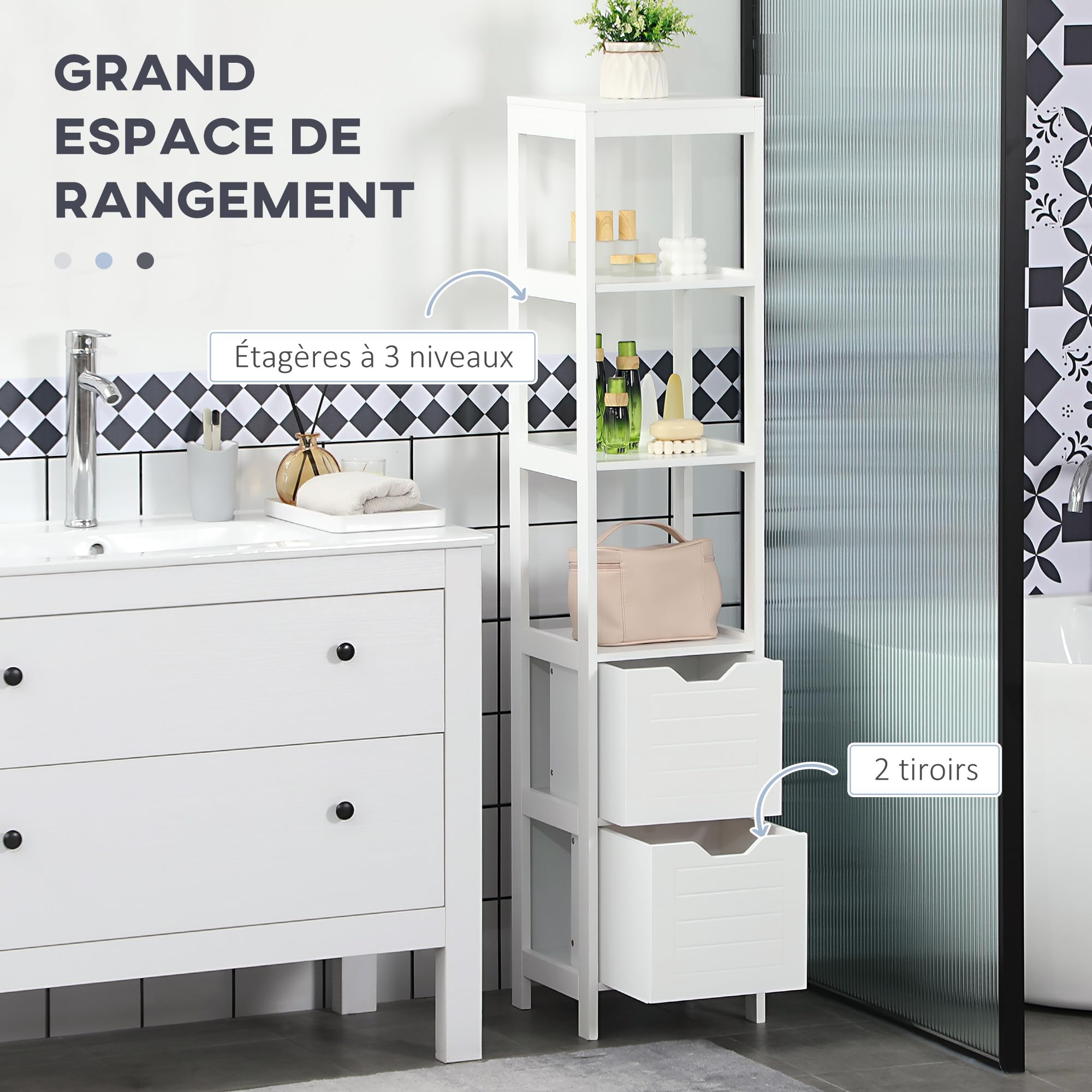 kleankin Meuble Colonne de Salle de Bain Armoire Haute Meuble Rangement avec 3 étagères et 2 tiroirs en Bois - 30 x 30 x 144 cm