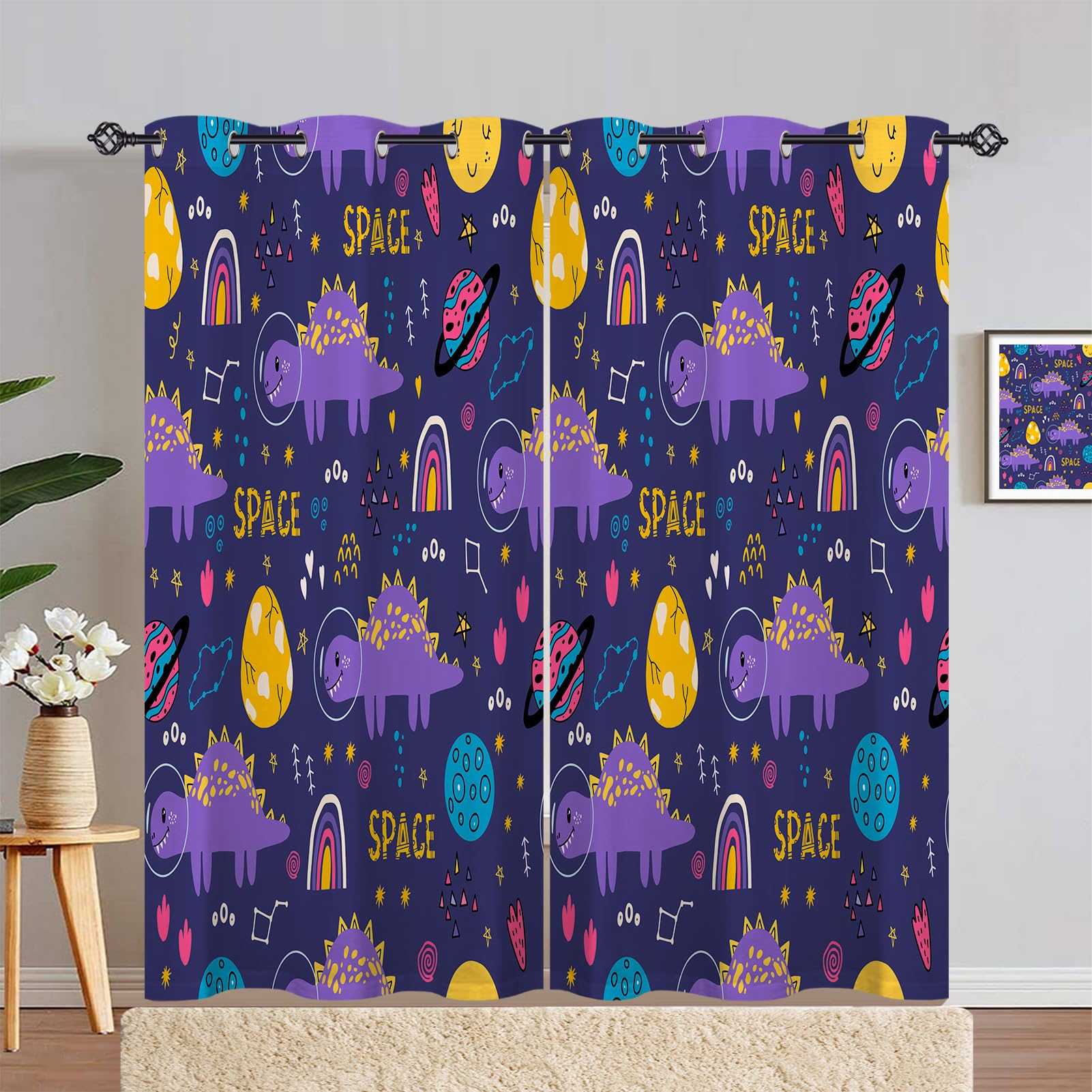 ANHOPE Space Curtains Eyelet Ring Top Soft Thermal Insulated Blackout Curtains Dinosaur Moon Planet Stars Print Pattern Decorative Window Drapes for Kids Bedroom Living Room 66 x 72 Drop Inch 2 Panels — image 1