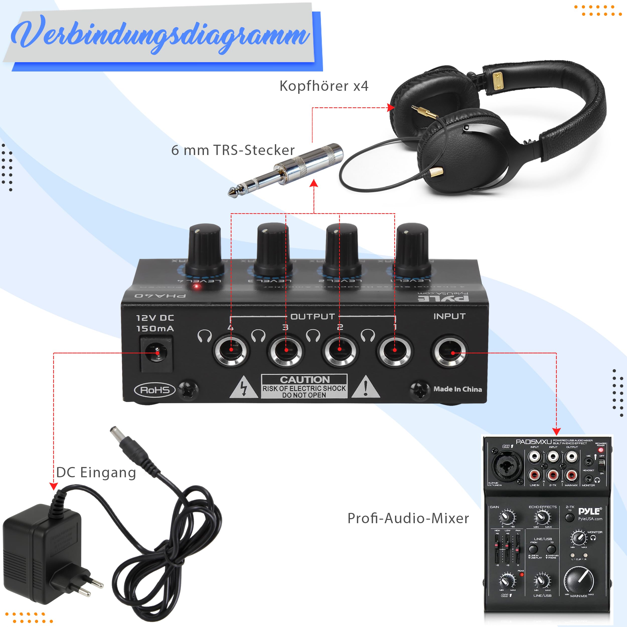 Pyle 4-Kanal Kopfhörerverstärker – Kompakter Kopfhörer-Amp mit 4 Ausgängen und individueller Lautstärkeregelung, ideal für Studio, Podcast und DJ, inkl. Netzteil