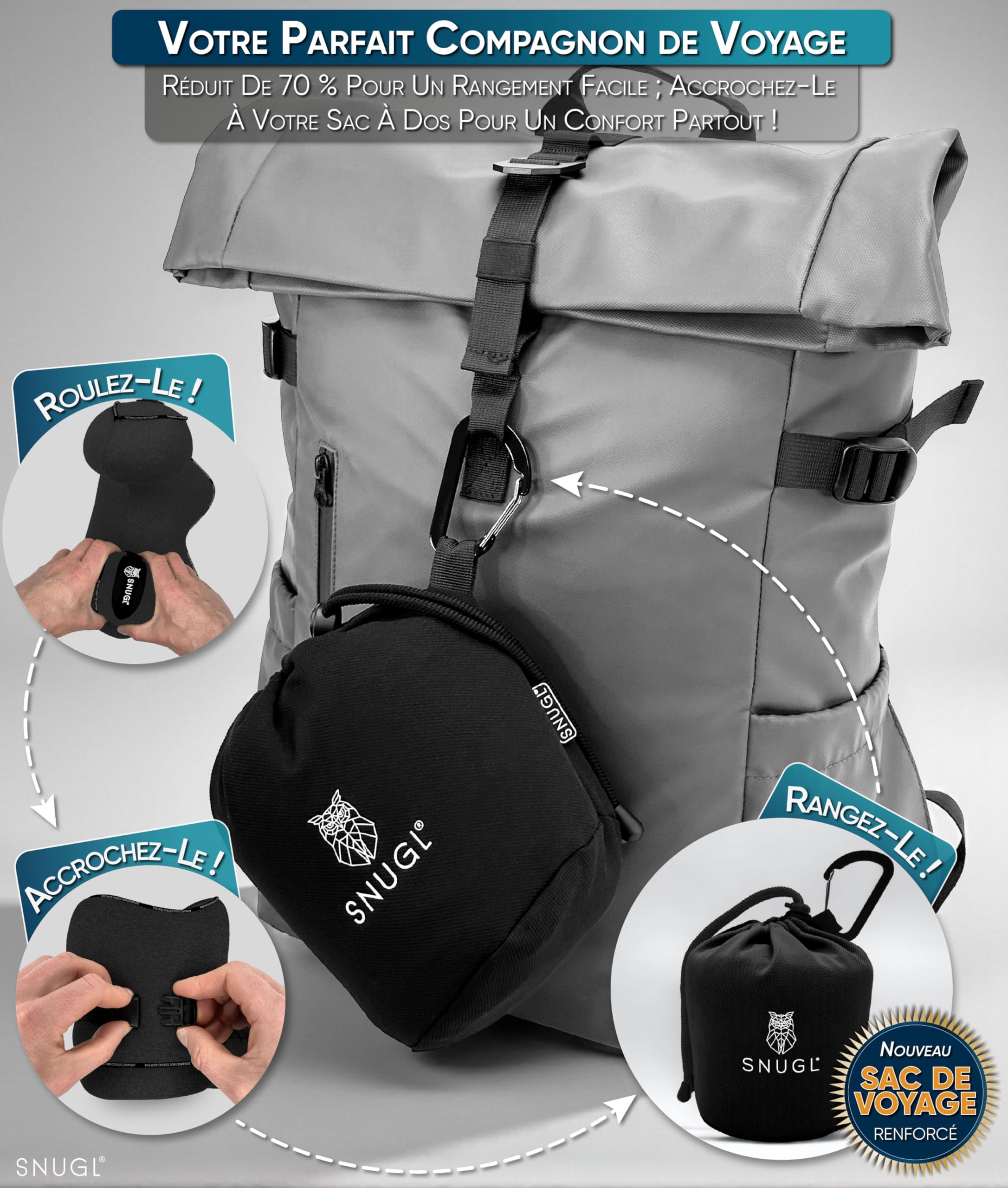 SNUGL Oreiller memoire Forme Ergonomique | Coussin de Voyage Avion Confortable | Oreiller de Voyage avec Tour de Cou | Accessoire pour Train, Voiture, Avion (Noir - Régulière)
