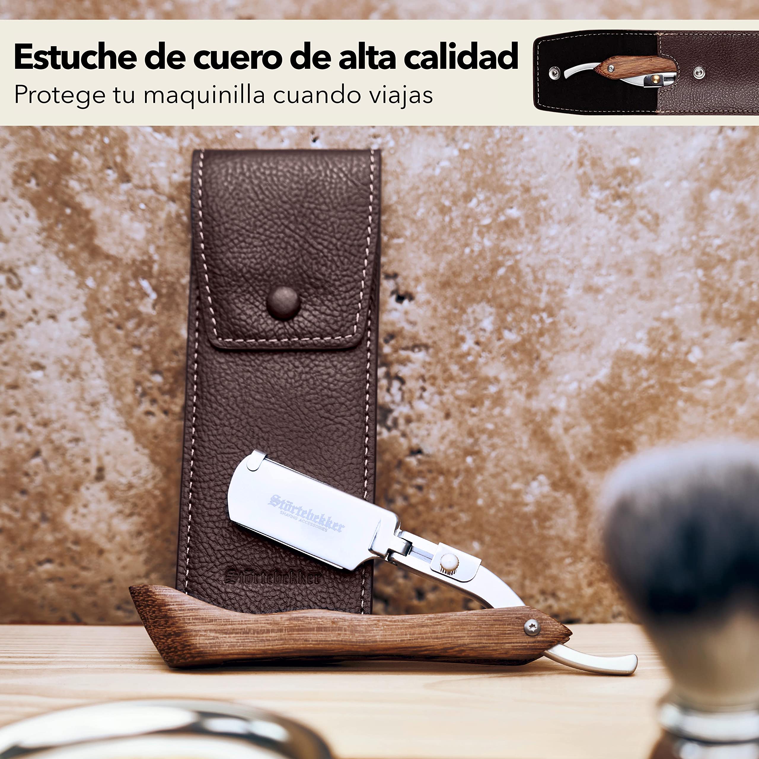 Störtebekker® Navaja de afeitar con mango de madera en estuche de cuero - incluido lápiz de alumbre y 10 cuchillas Störtebekker - Set de navaja de afeitar (Madera - Café)