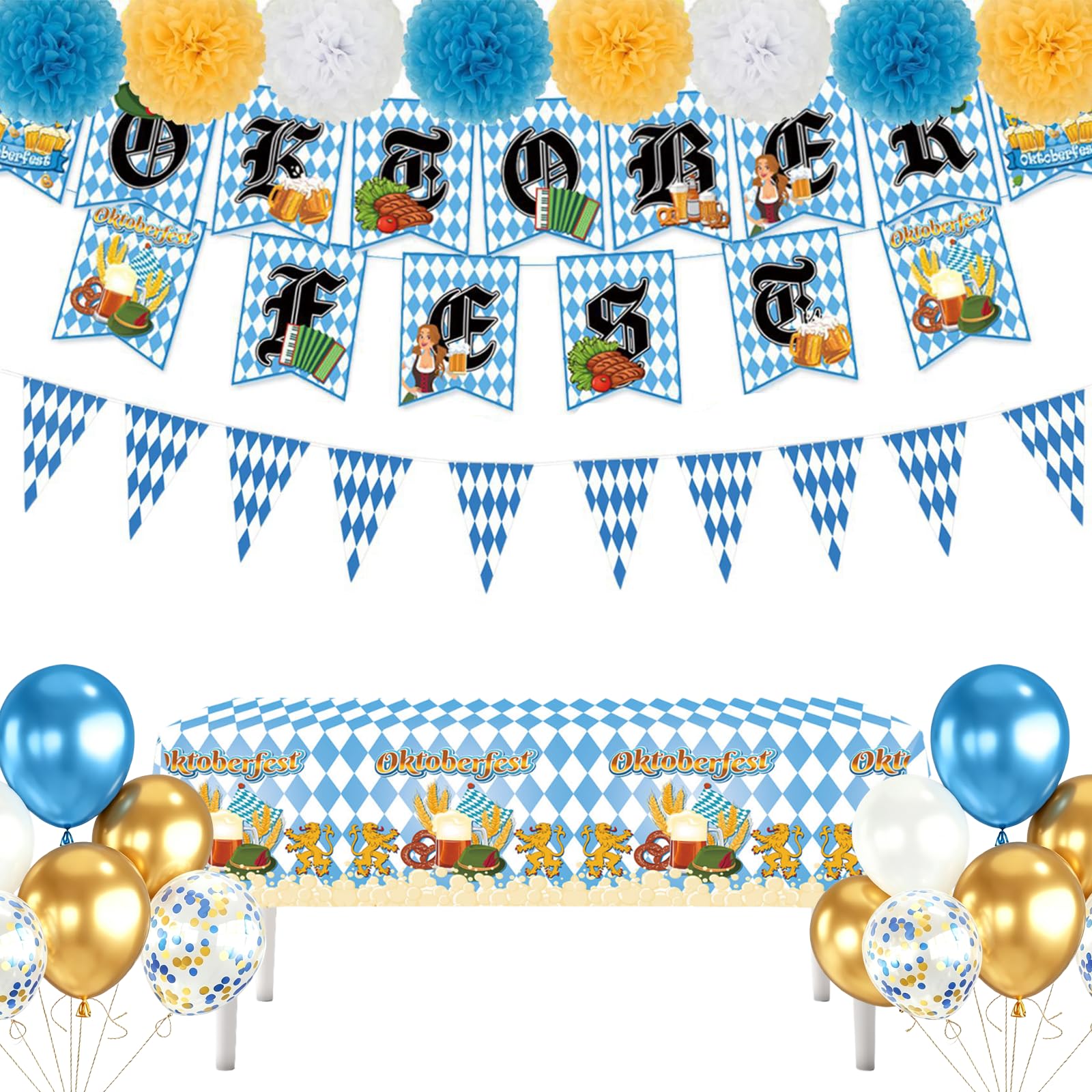 Oktoberfest Decorations, 27-Piece Bavarian Beer Festival Party Kit with Bunting Flags, Hanging Decor, Tablecloth, for Indoor Outdoor Oktoberfest Celebrations, Beer Themed Events
