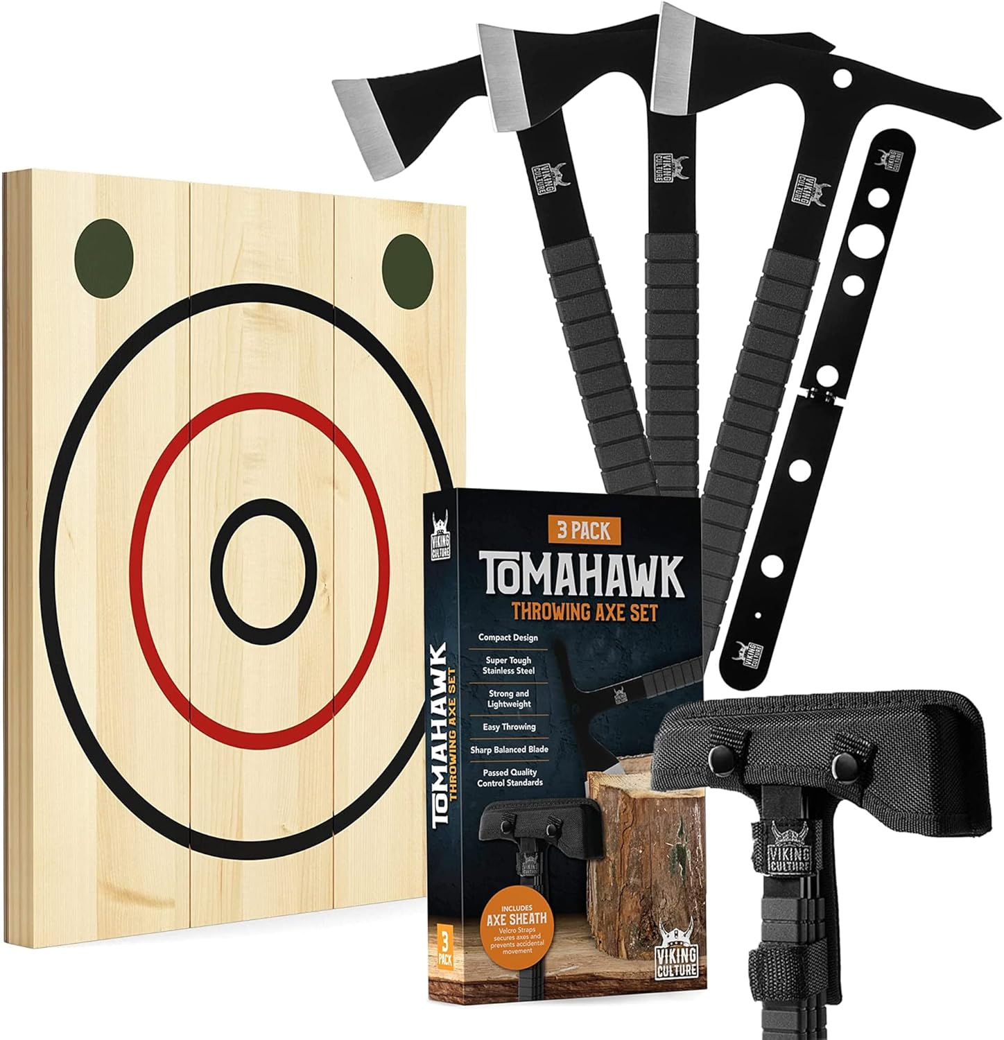 Set of 3 Tomahawk Throwing Axes + Wooden Target Stand for Throwing Axe Throwing