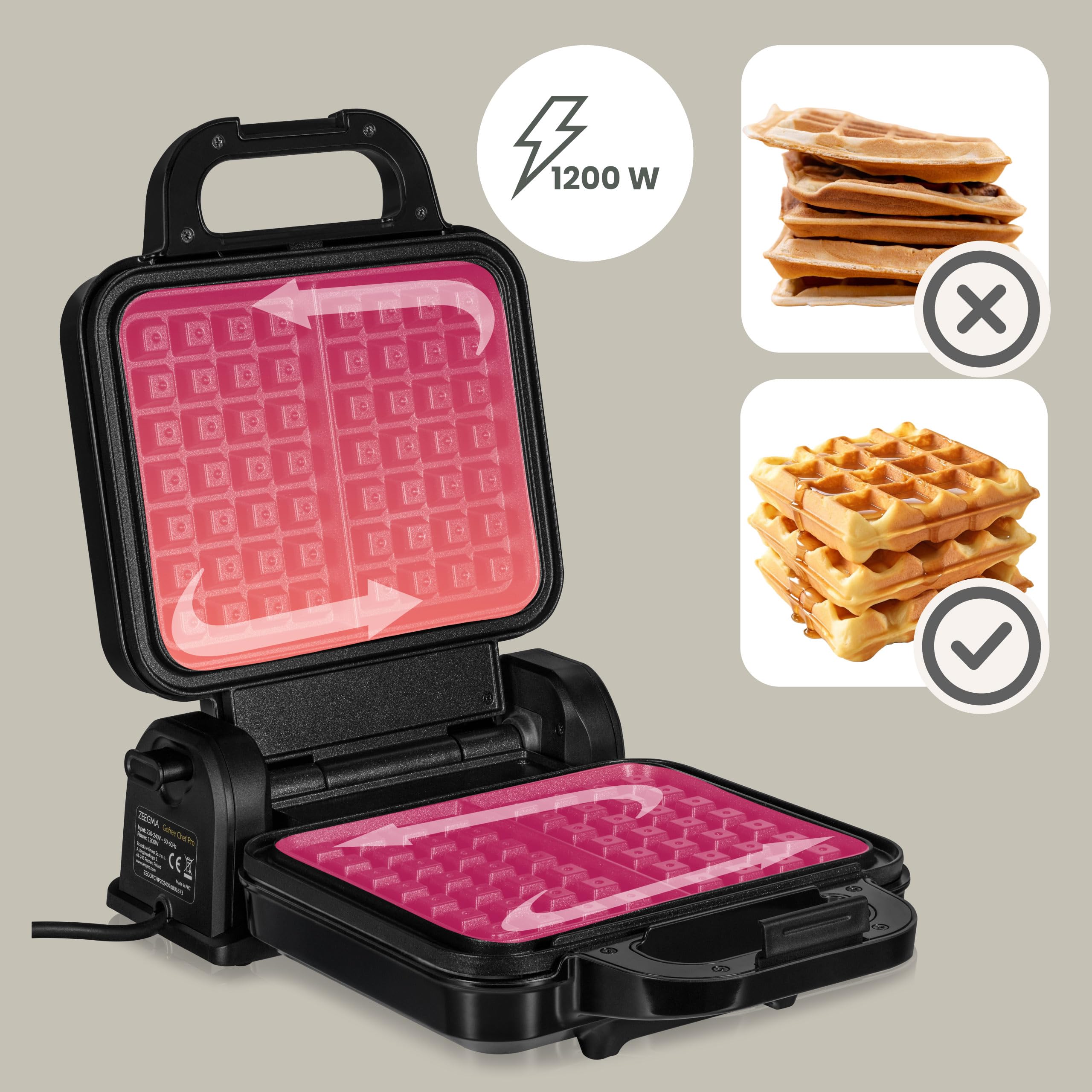 ZEEGMA Gofree Chef Pro Roterend Wafelijzer 180°, 1200 W met Instelbare Temperatuur, Dubbele Bakplaten met Antiaanbaklaag, LED-indicator, Koelwand & Compact Verticaal Ontwerp voor Belgische Wafels