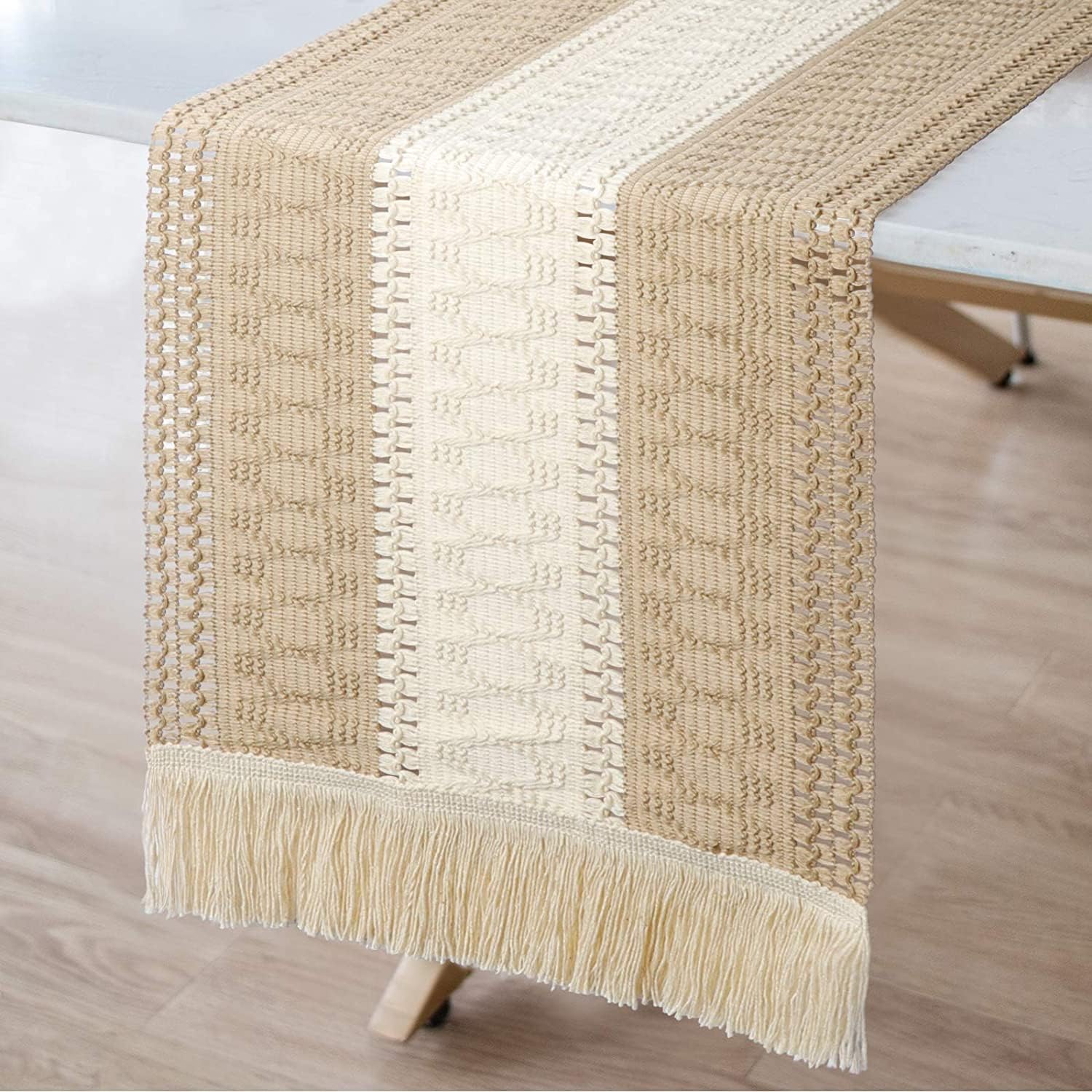 Boho Farmhouse Table Runners, Vintage Woven Table Runner 30 x 280 cm, Burlap Rustic Cream Boho Table Runner, Macrame Cotton Linen Table Decorations with Tassel for Wedding Dining Party Holiday
