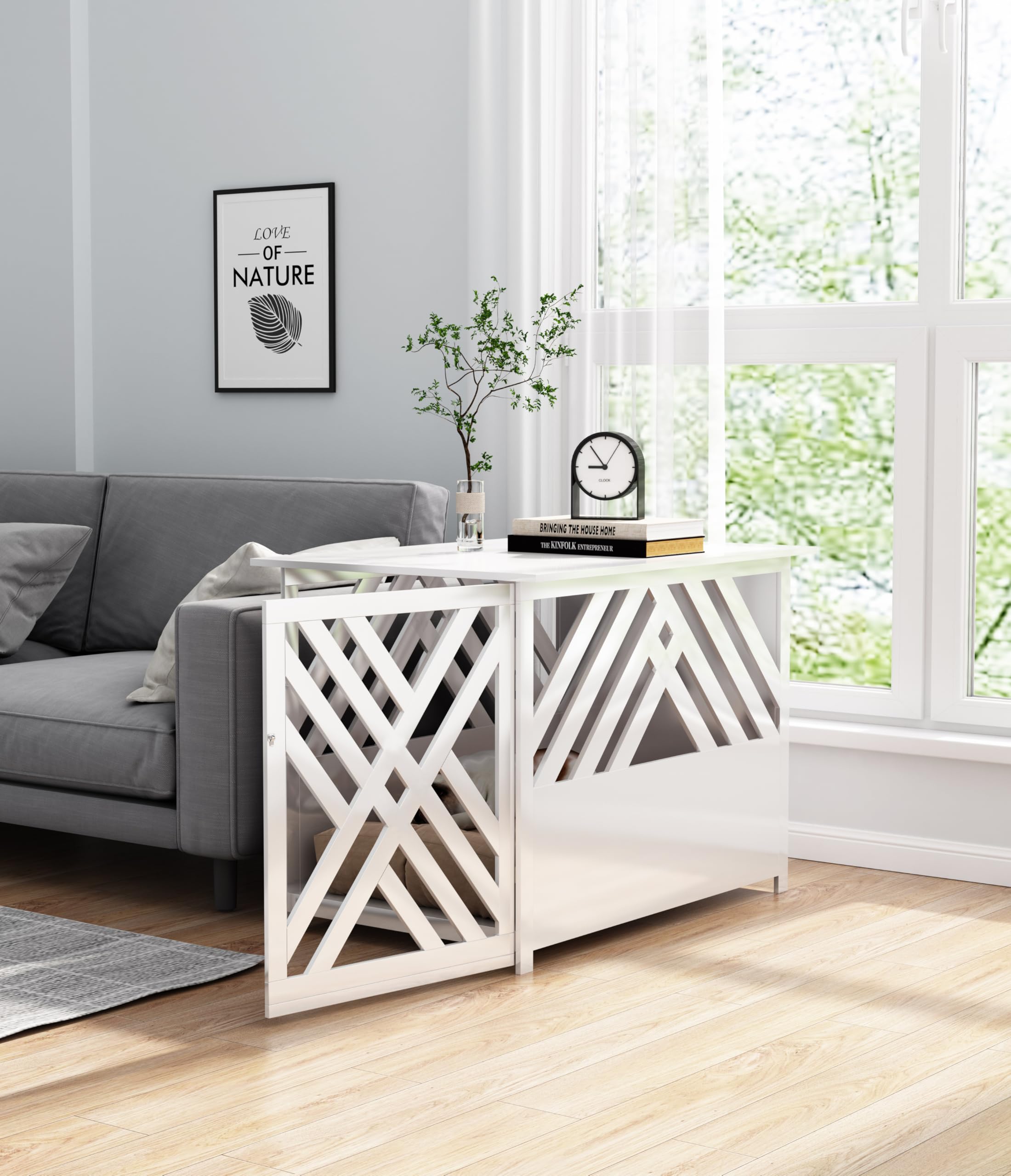 Cage Design pour Chien en Bois pour la Maison Appartement avec Table d'appoint, Caisse pour Chien pour Le Salon intérieur, 90x60 cm Blanc