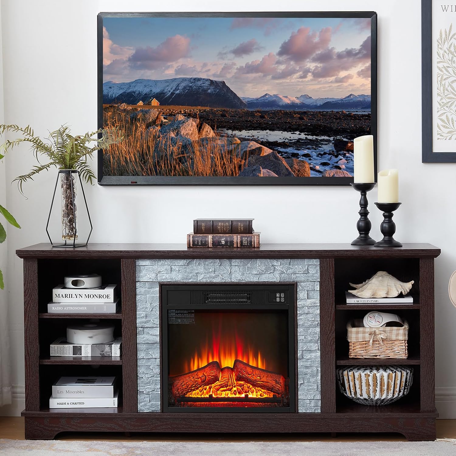 Majnesvon Modern 75" Fireplace TV Stand Artificial Culture Stone TV Stand with 23" Electric Fireplace Locker and Adjustable 6 Shelves for Living Room Bedroom (Cherry,70" W *15.3" D*H)