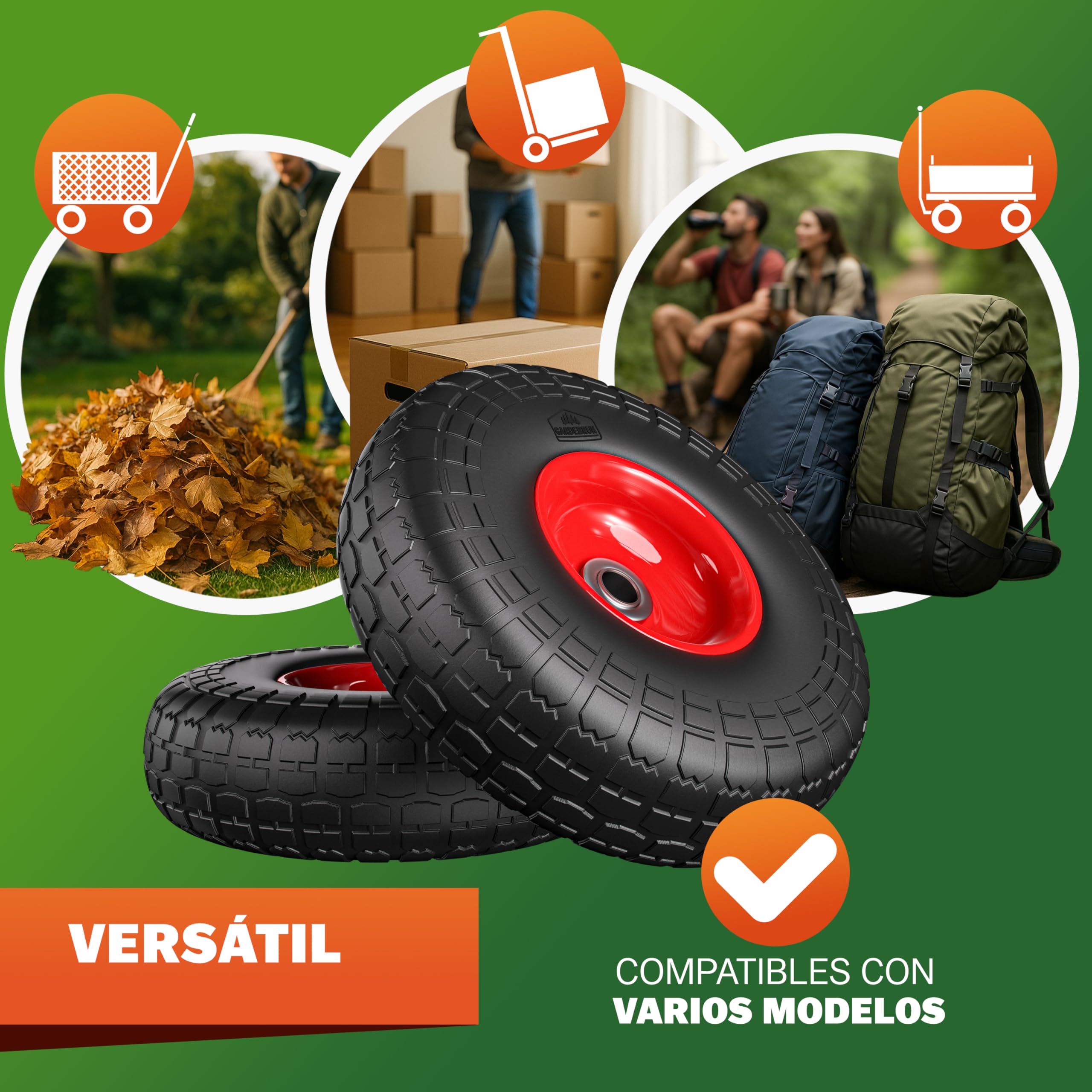 GARDEBRUK® Ruedas de Carretilla Set de 2 Goma Maciza PU Antipinchazos Repuesto Neumático Eje 20 mm Llanta Acero Recambio Capacidad Carga hasta 200 Kg