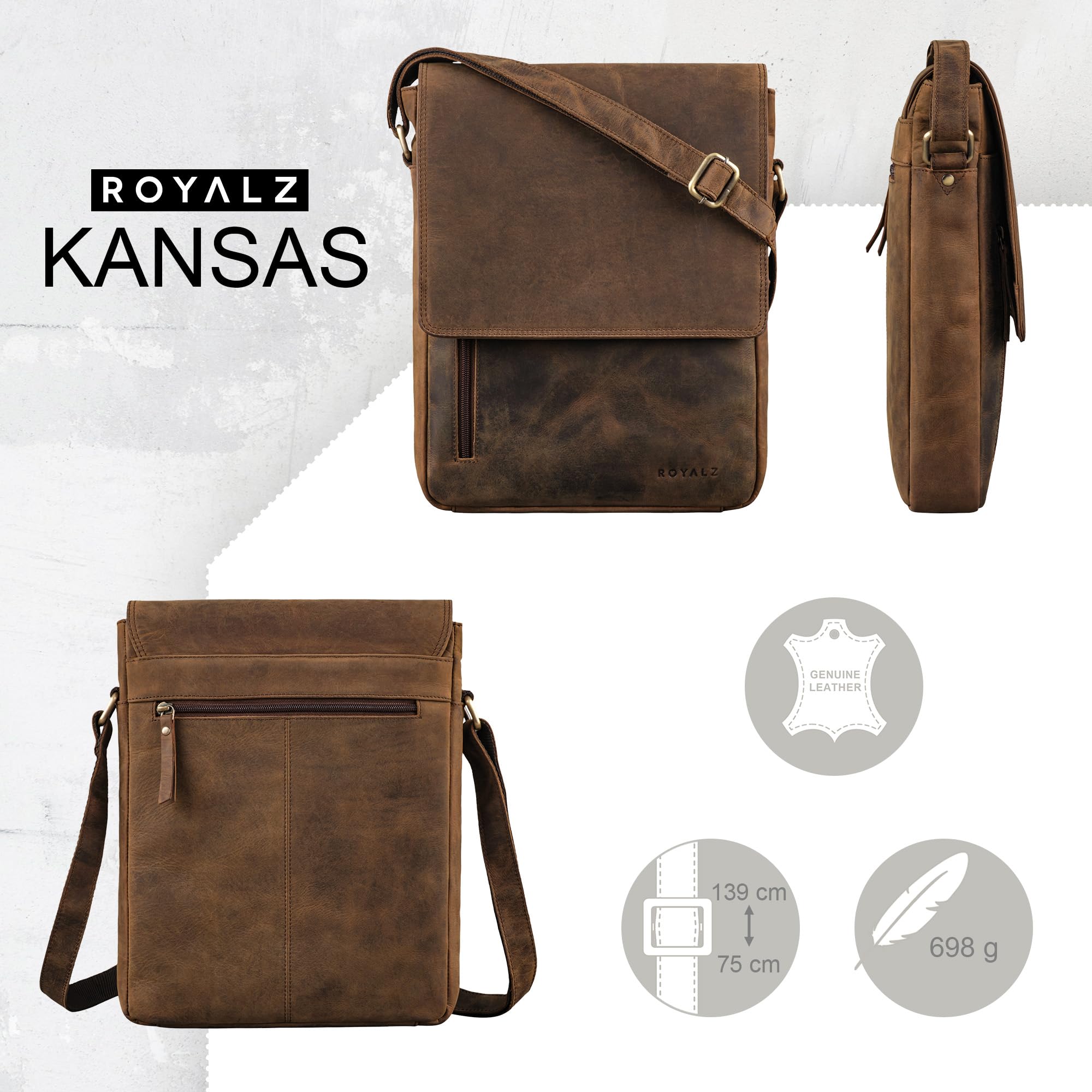 ROYALZ 'Kansas' Borsa Porta PC Uomo in Vera Pelle 13-14 Pollici - Ventiquattrore Borsa a Tracolla Università e Ufficio - Borsello Cartella documenti DIN A4 Messenger Bag