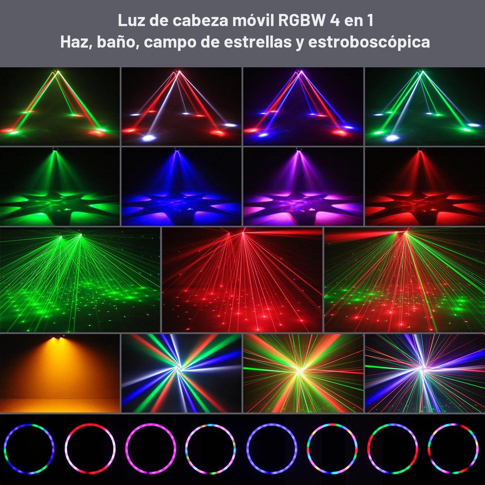 Cabeza Móvil 150W Luces de Escenario Beam con Control Remoto, Wash Luz de Discoteca LED RGBW Efecto de Iluminación Estroboscópica 4 Brazos DMX512 para DJ Discotecas Navidad Conciertos