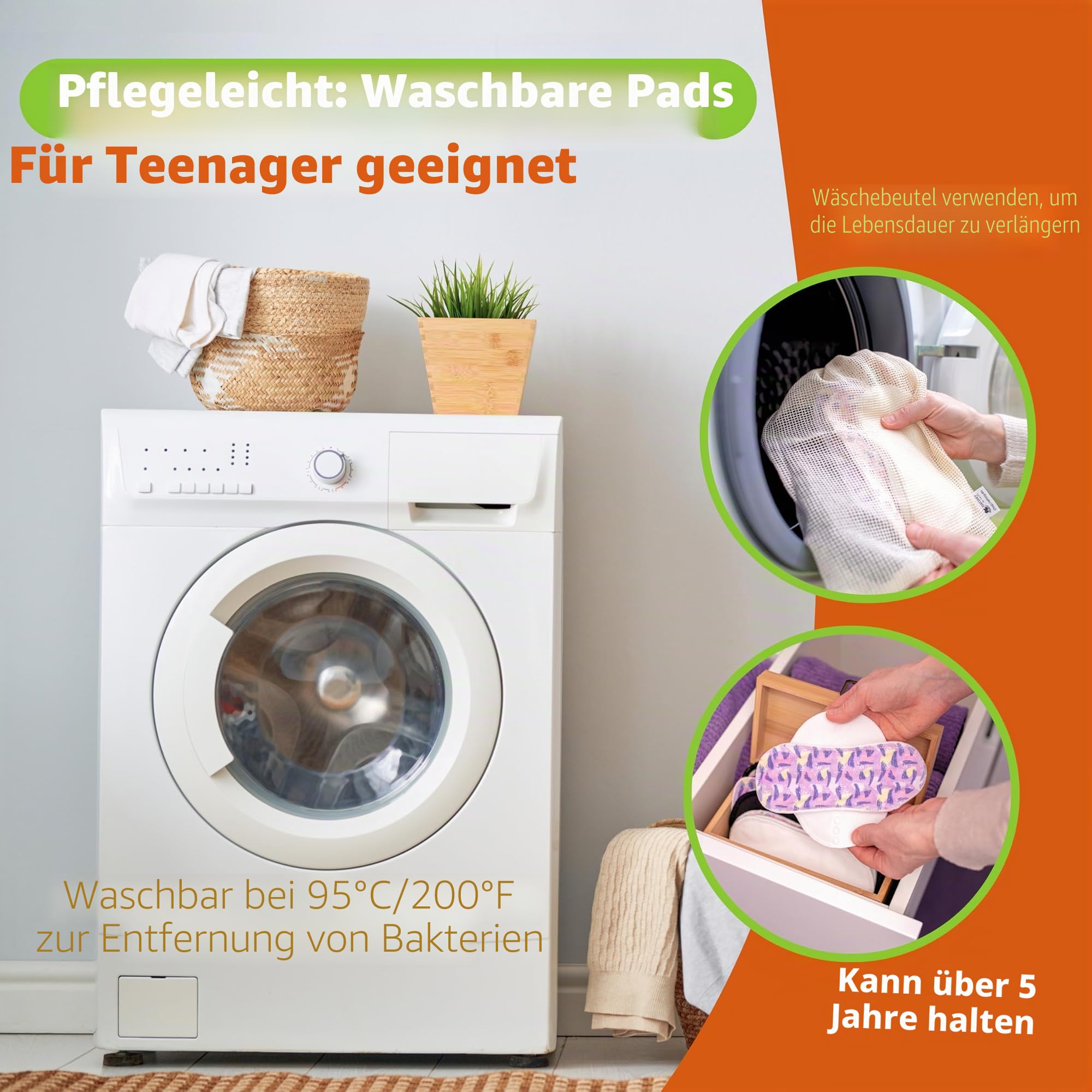 Natissy Bio-Baumwolle Stoffbinden für Teenager, Rutschfest, Waschbar, Atmungsaktiv, Hautfreundlich, Hochtemperaturgeeignet und Wiederverwendbar, Sicher für die Erste Periode - 6er-Set S+M