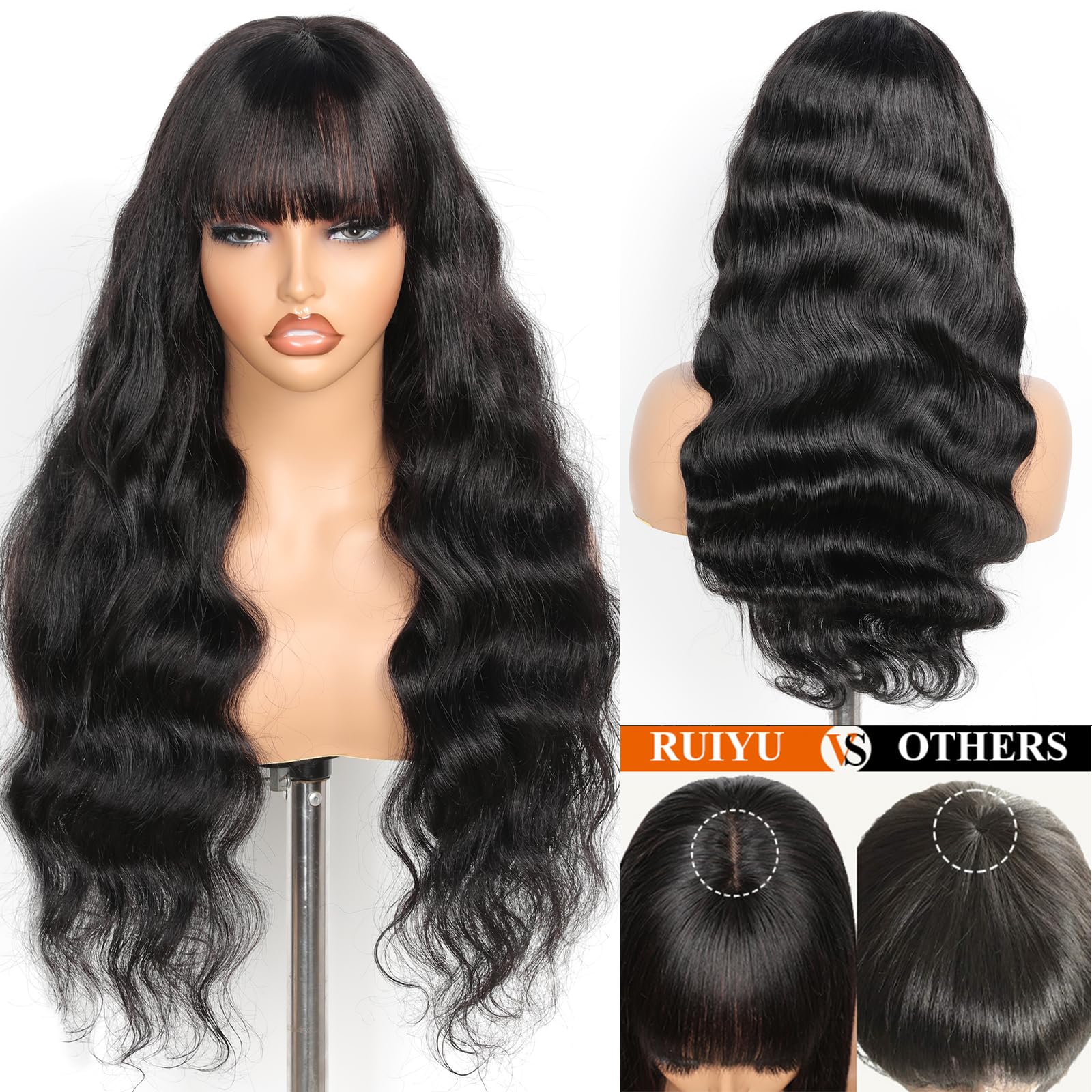 Perruque Cheveux Humain Frange 20 Pouces 2x4 Lace Glueless Body Wave Brésilien Naturelle