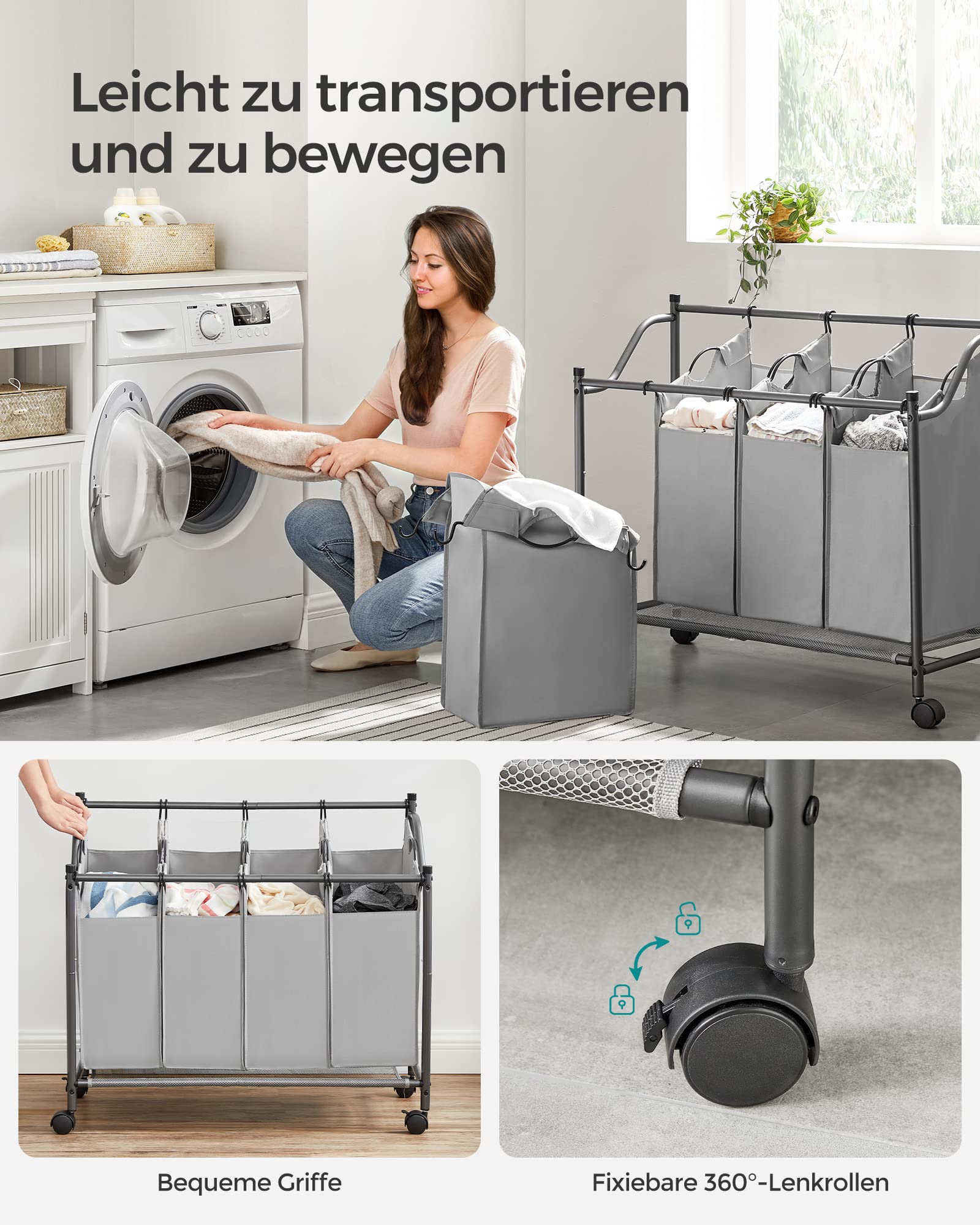 Großer Wäschekorb Mit Rollen – 150 L, Leder-Patchwork, Stabiler Metallrahmen & Abnehmbare Tasche