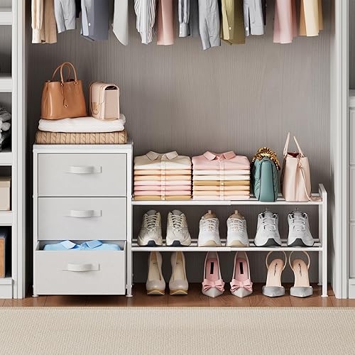Expandable Closet Organizers and Storage, White Fabric Storage Dresser, 3 Drawer Dresser, Clothes Shelves for Kids, Purse Organizer Small Shoe Rack for Closet Bedroom