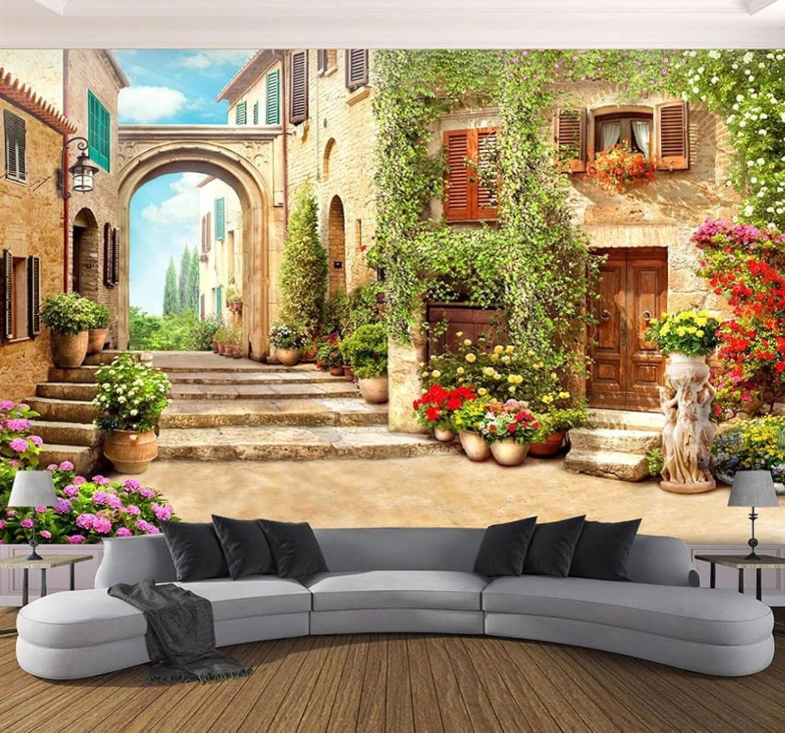 XLMING Retro Urban Architecture Street Scene Space Plants 3D Wallpaper Silky Texture Home Study Office Grey Dining Room Sofa Bedroom Living Room TV Backdrop-250cm×170cm