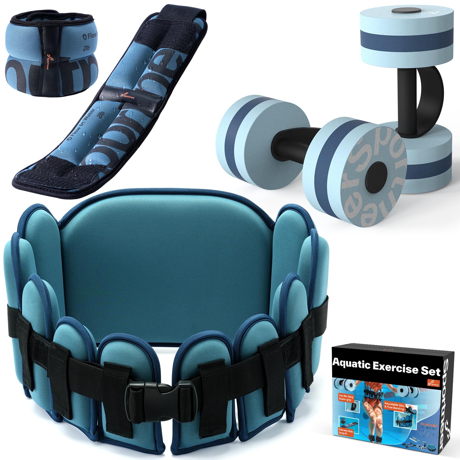 Sportneer Kit d'accessoires d'aquagym 3 en 1 avec haltères aquatiques EVA, ceinture de jogging pour adulte, poids de cheville – Accessoires de fitness et équipements de sports nautiques 2