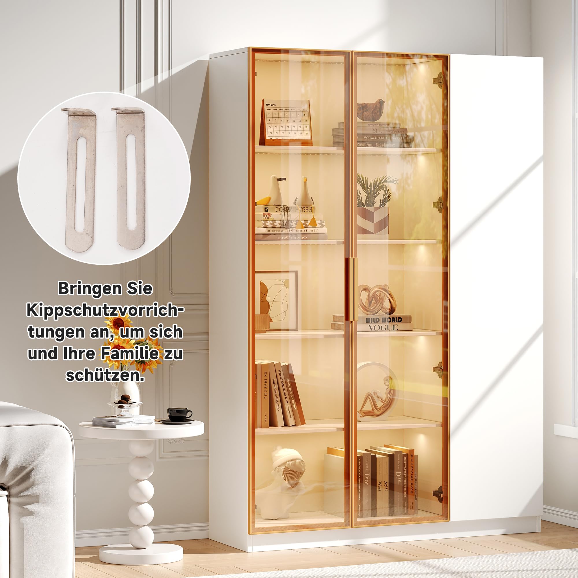 Vitrina de cristal de 165 cm, armario alto, 3 puertas con iluminación LED, multicolor, ajustable, con cristal de seguridad, estantes ajustables y protección antivuelco