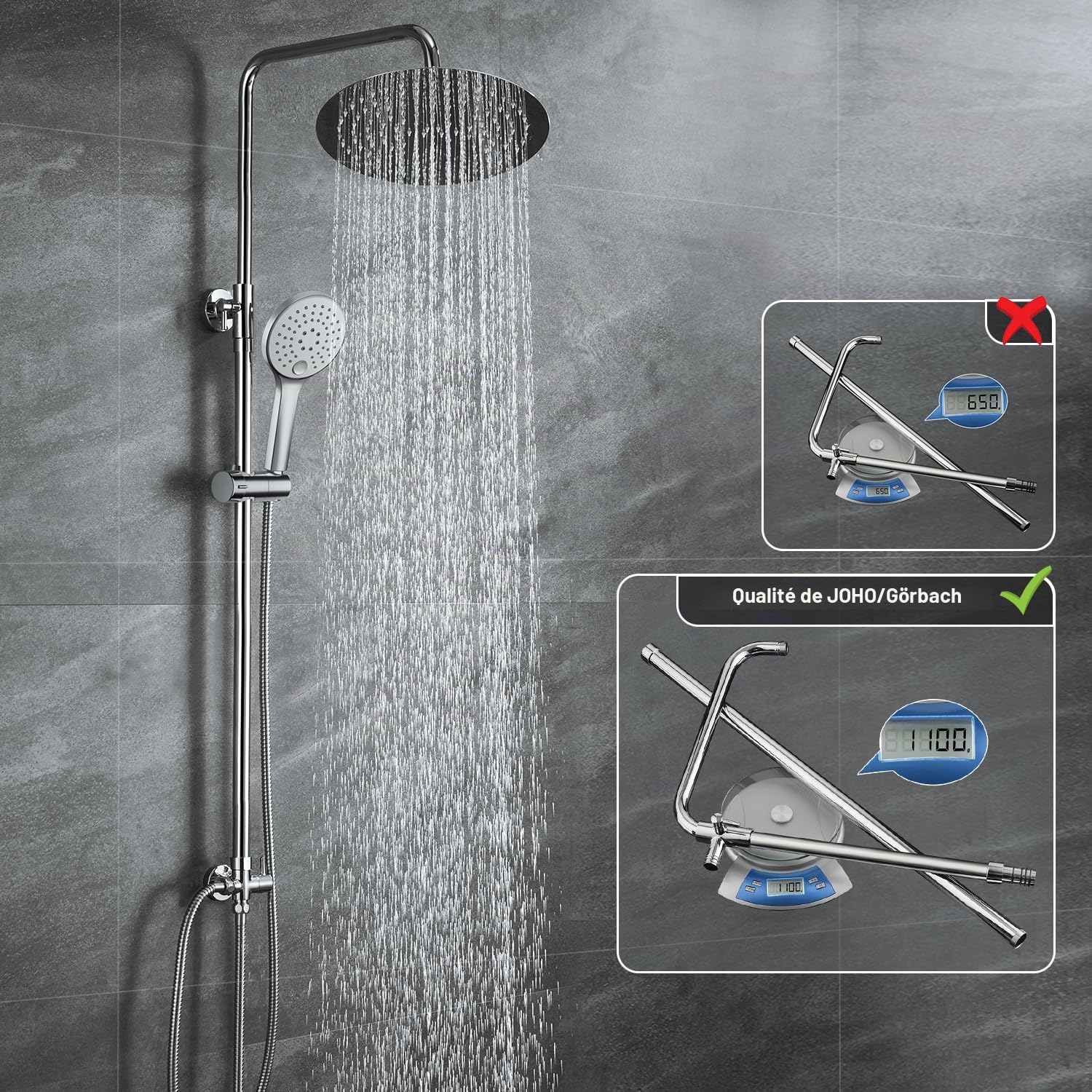 JOHO Colonne de douche Inox sans Robinetterie Thermostatique, SystèmePluie pour Cabine Baignoire avec Barre Réglable Hauteur et Tête de Douche 20 cm Chromé